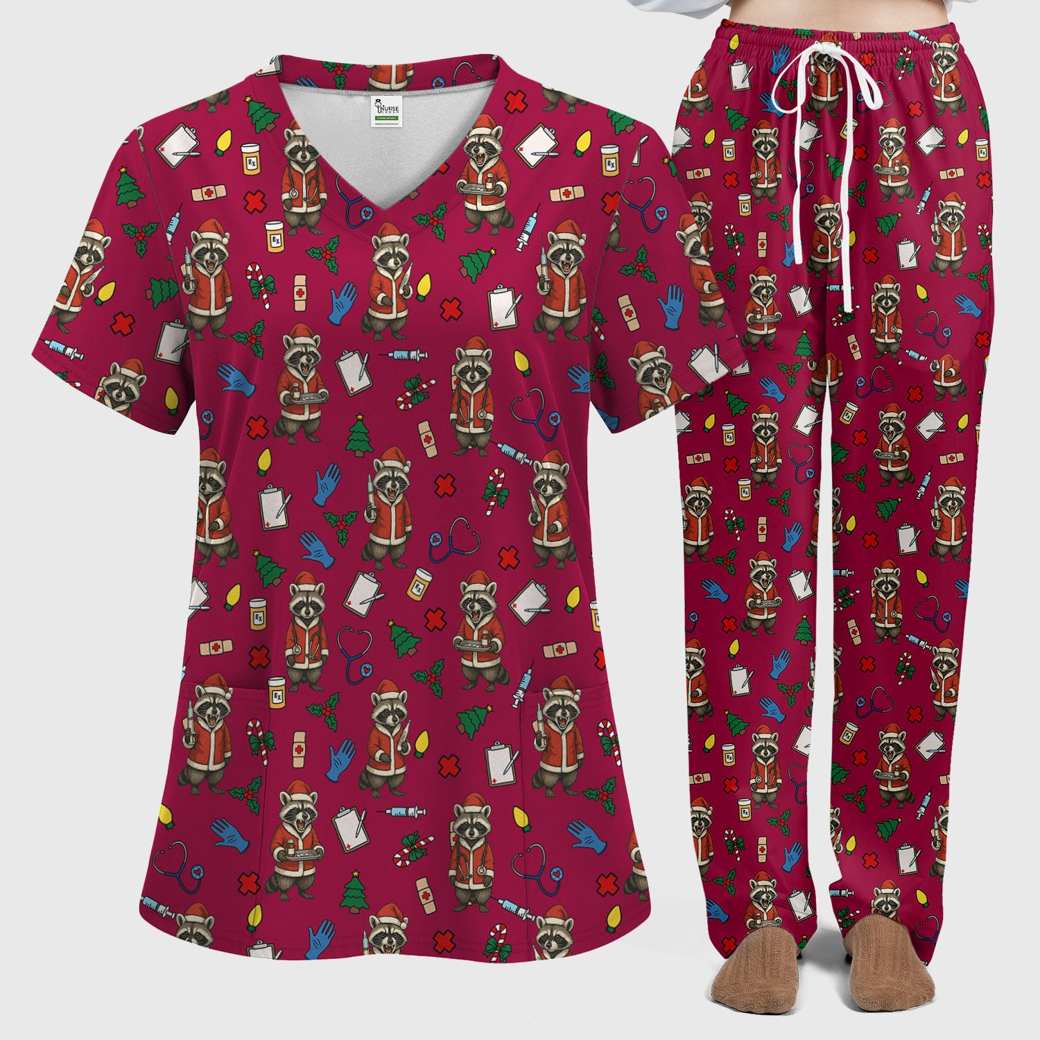 Christmas Raccoon Pattern Nurse Scrub Set - Funny Santa Medical Print Top and Pants - Holiday Gift for RN LPN CNA Women