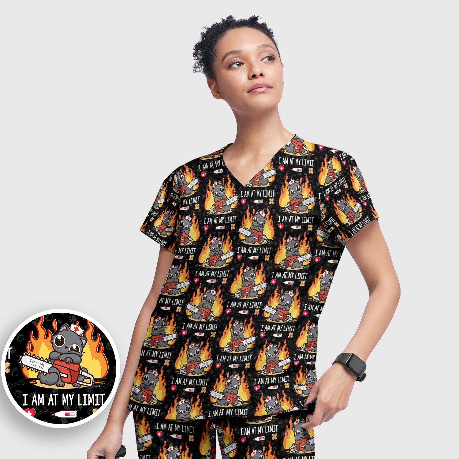 Funny Nurse Cat I Am At My Limit Women's Scrub Set, Breathable Med Uniform