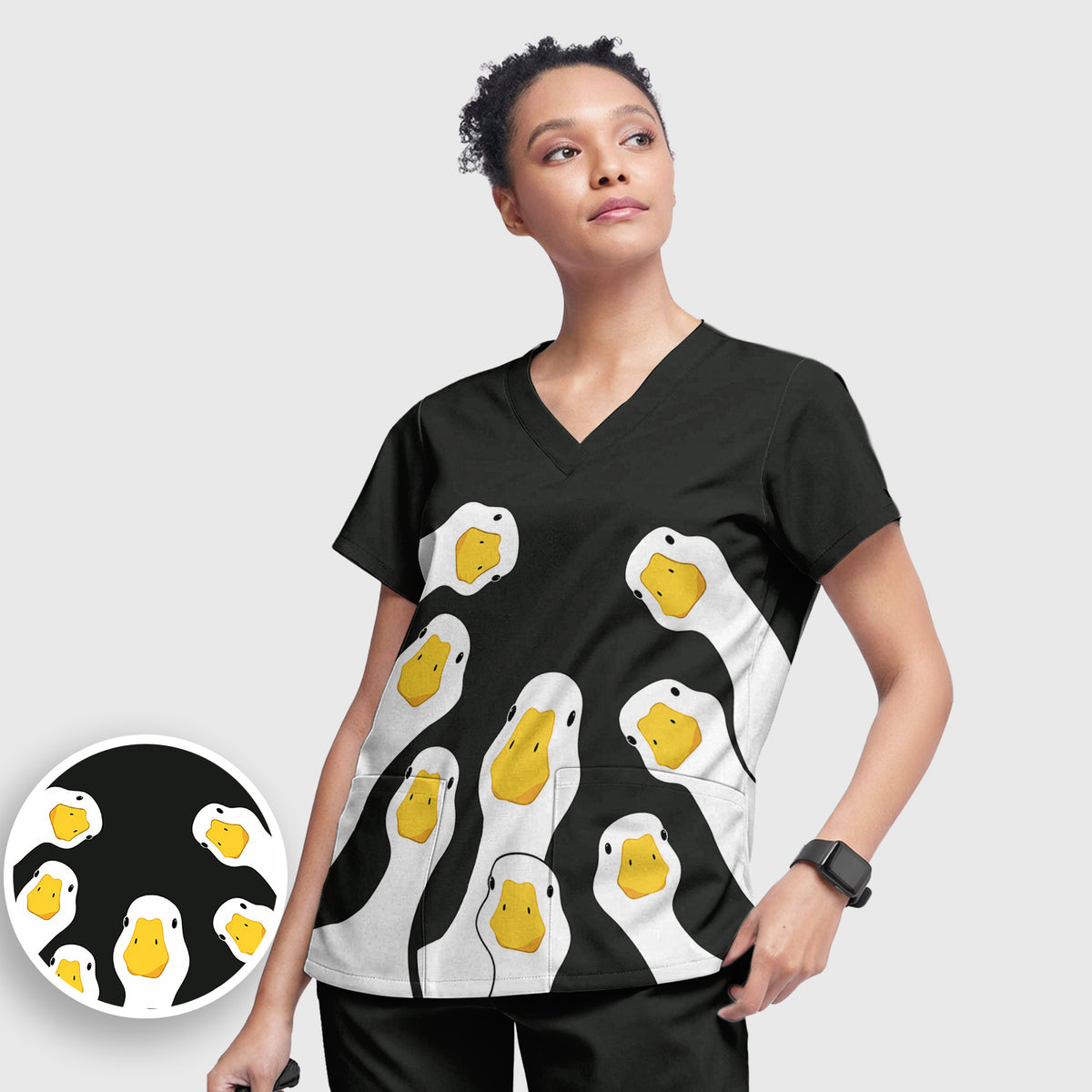 Funny Peekaboo Goose Faces Scrub Set, Scrub Pants and V Neck Top