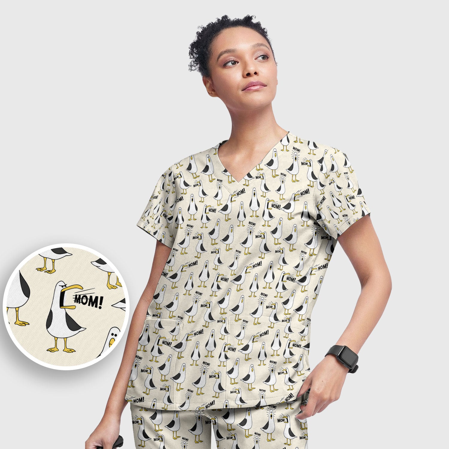 Funny Seagull Mom Seamless Pattern Scrub Set, Scrub Pants and V Neck Top