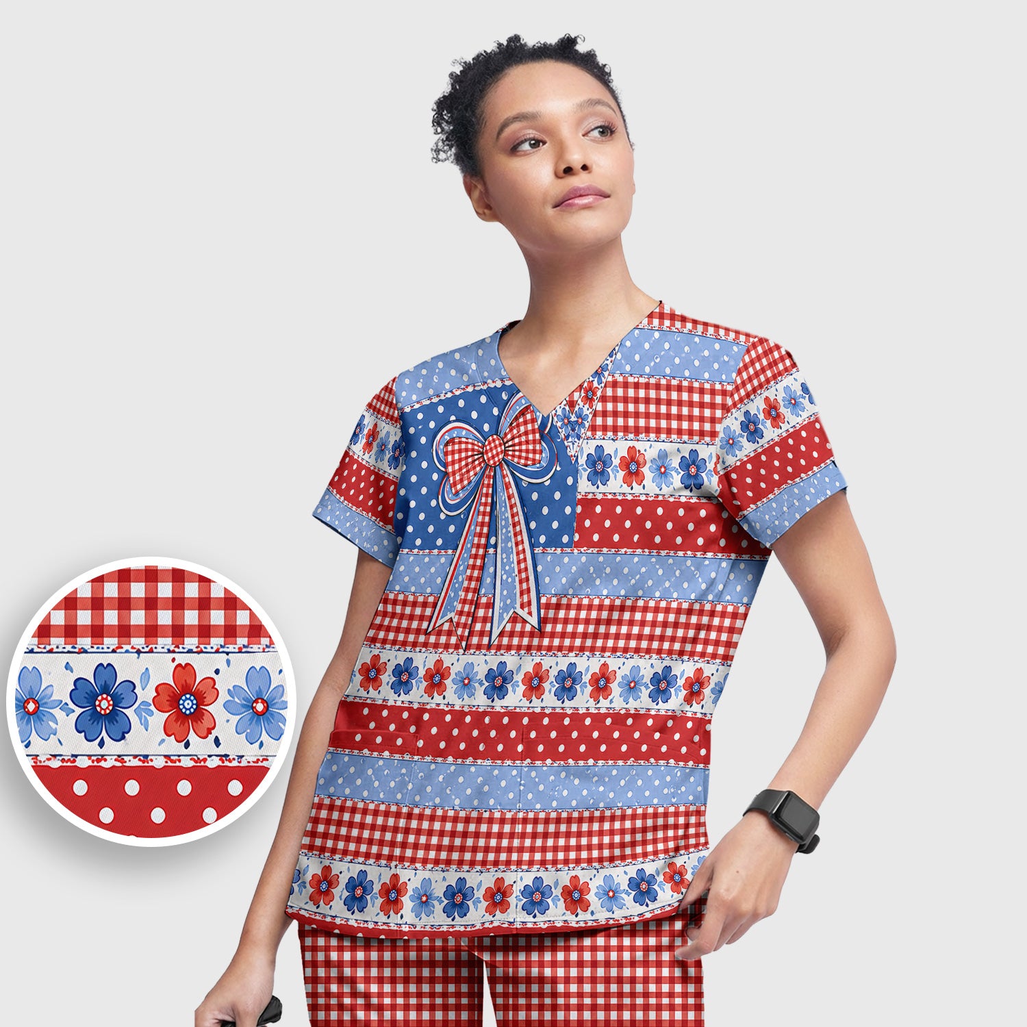 Patriotic Gingham Bow Floral Pattern Scrub Set, Scrub Pants and V Neck Top