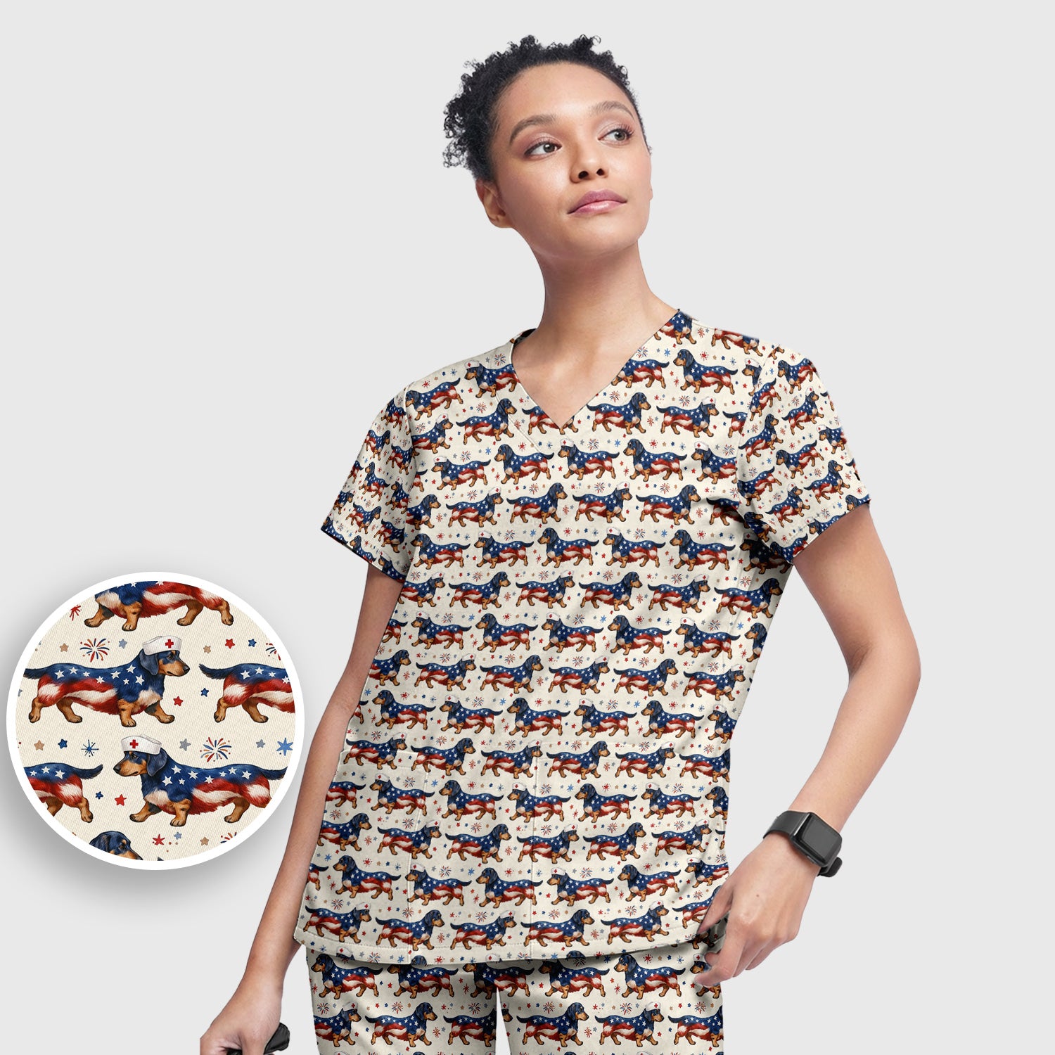 Patriotic Dachshund Dog American Flag Pattern Nurse Scrub Set, Scrub Pants and V Neck Top