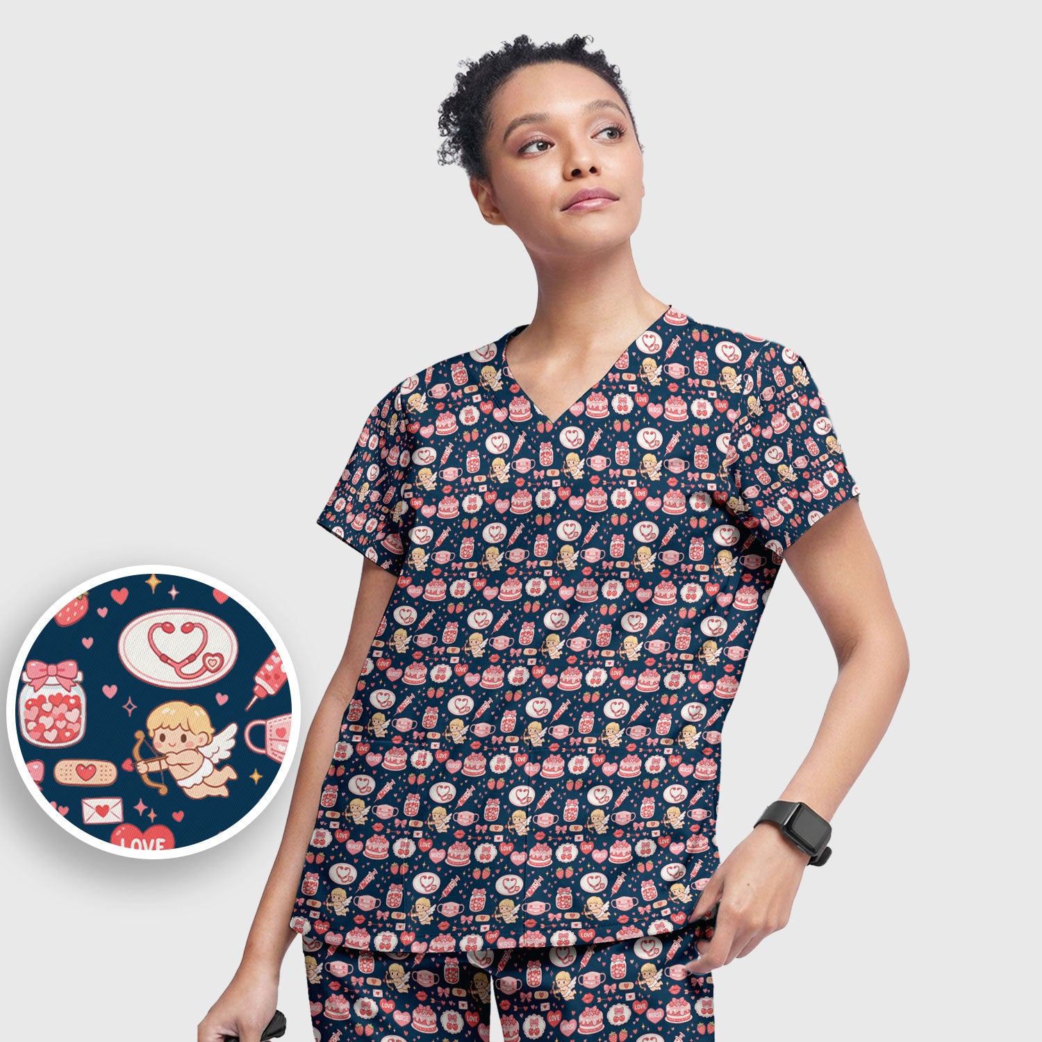 Cupid Nurse Scrub Set, Cute Love Medical Pattern Shirt For Valentine, Breathable Fabrics Nursing Uniform