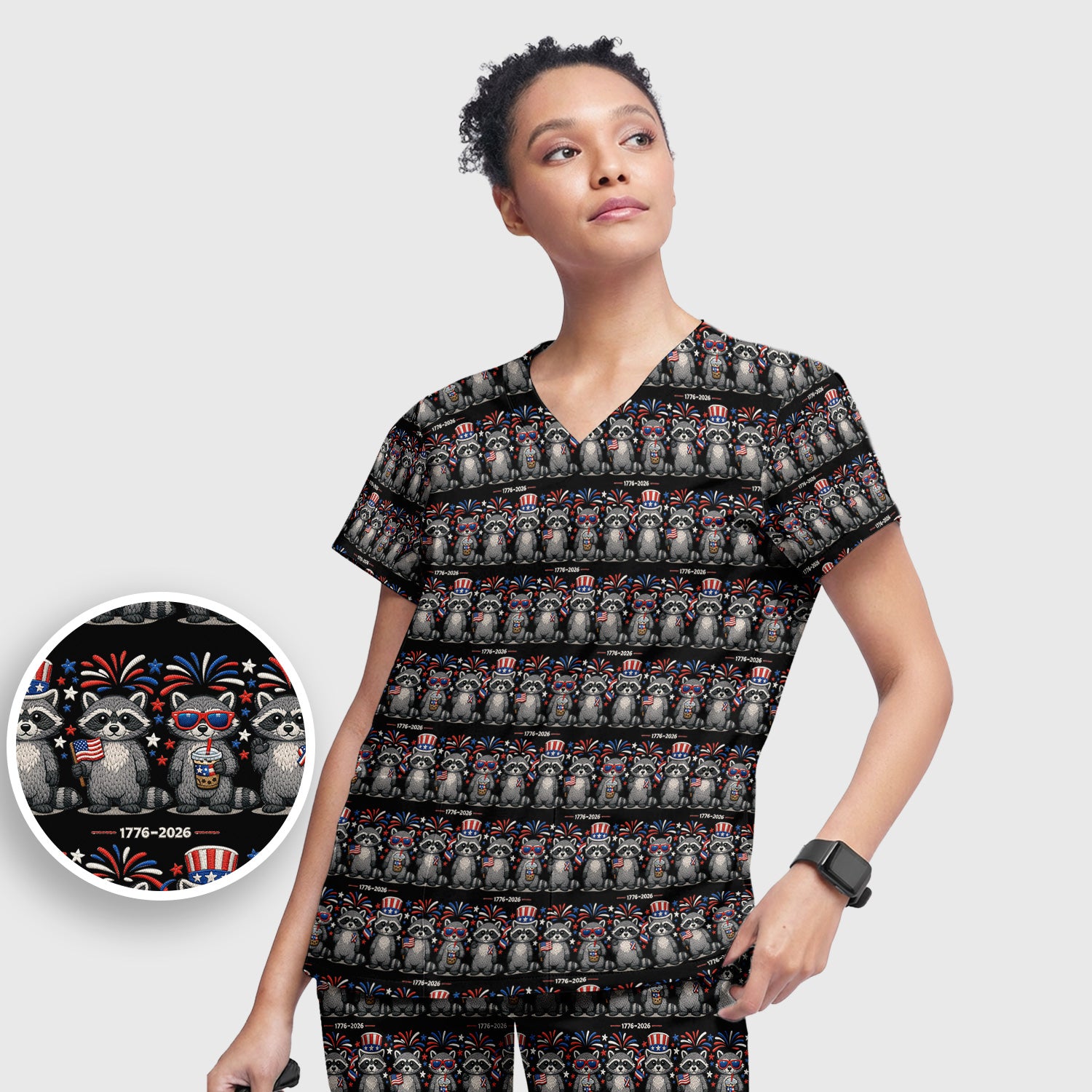 Patriotic Raccoon Fireworks Stripe Pattern Scrub Set, Scrub Pants and V Neck Top