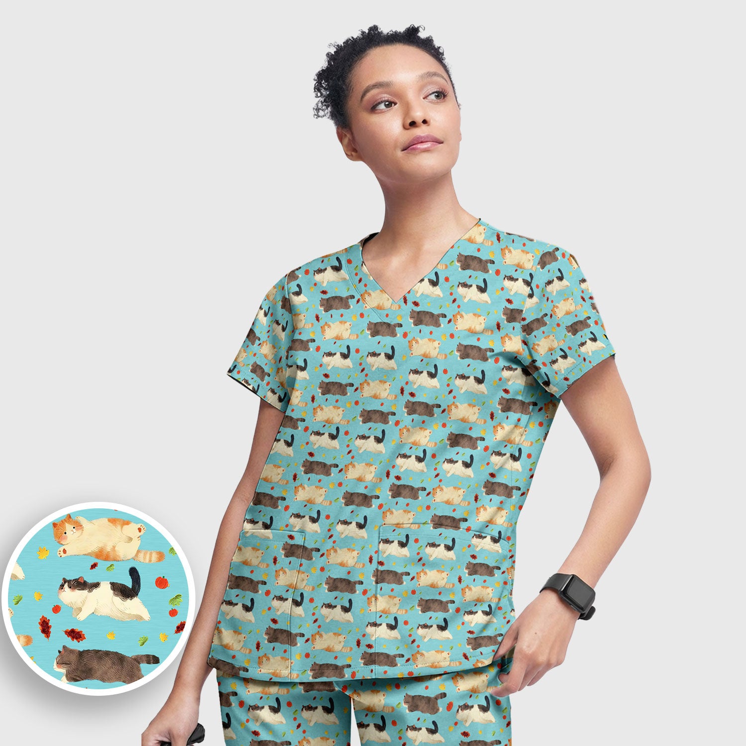 Chubby Cat Autumn Leaves Print Scrub Set, Breathable Med Uniform