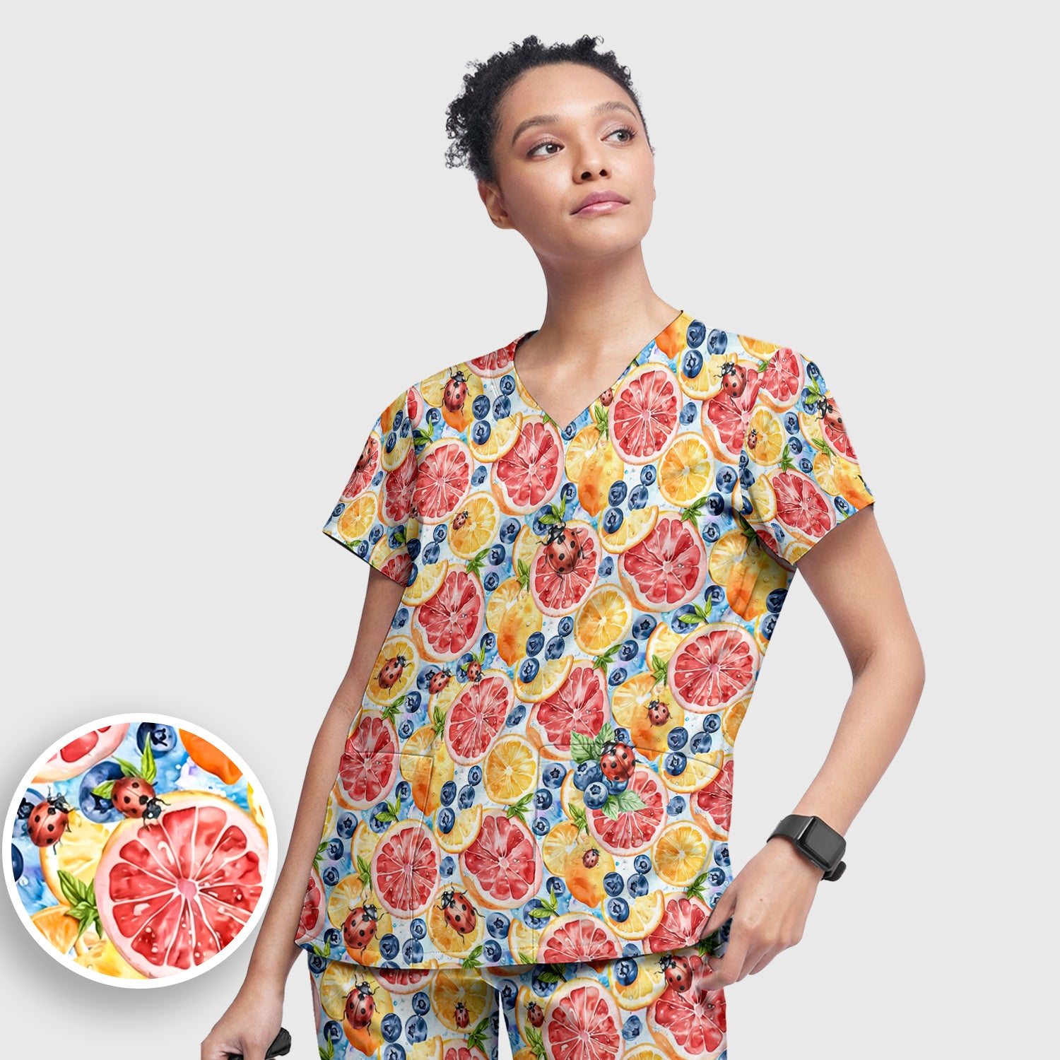 Cute Citrus Berry Ladybug Pattern Scrub Set, Scrub Pants and V Neck Top