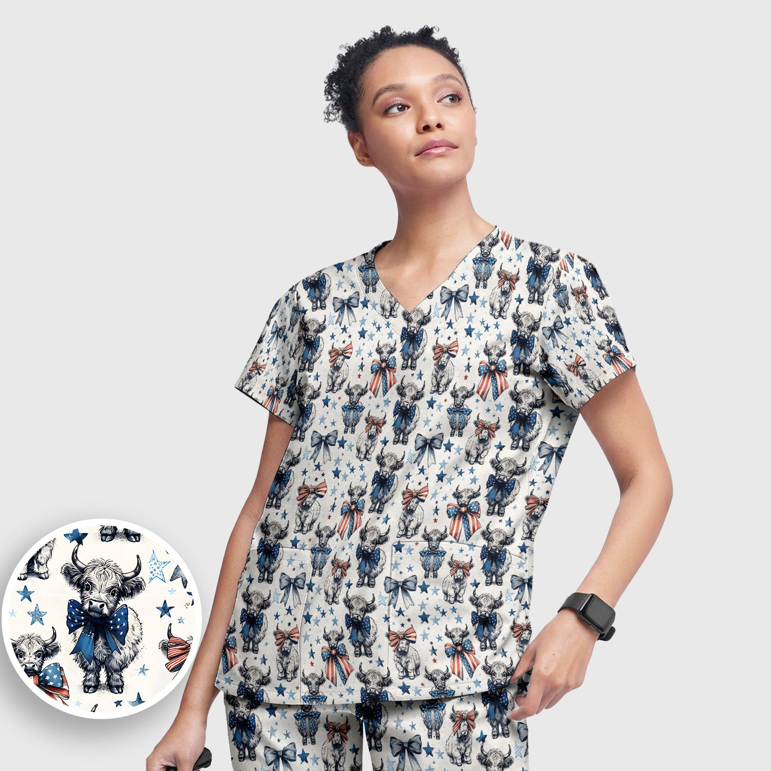 Patriotic Highland Cow Stars Pattern Scrub Set, Scrub Pants and V Neck Top