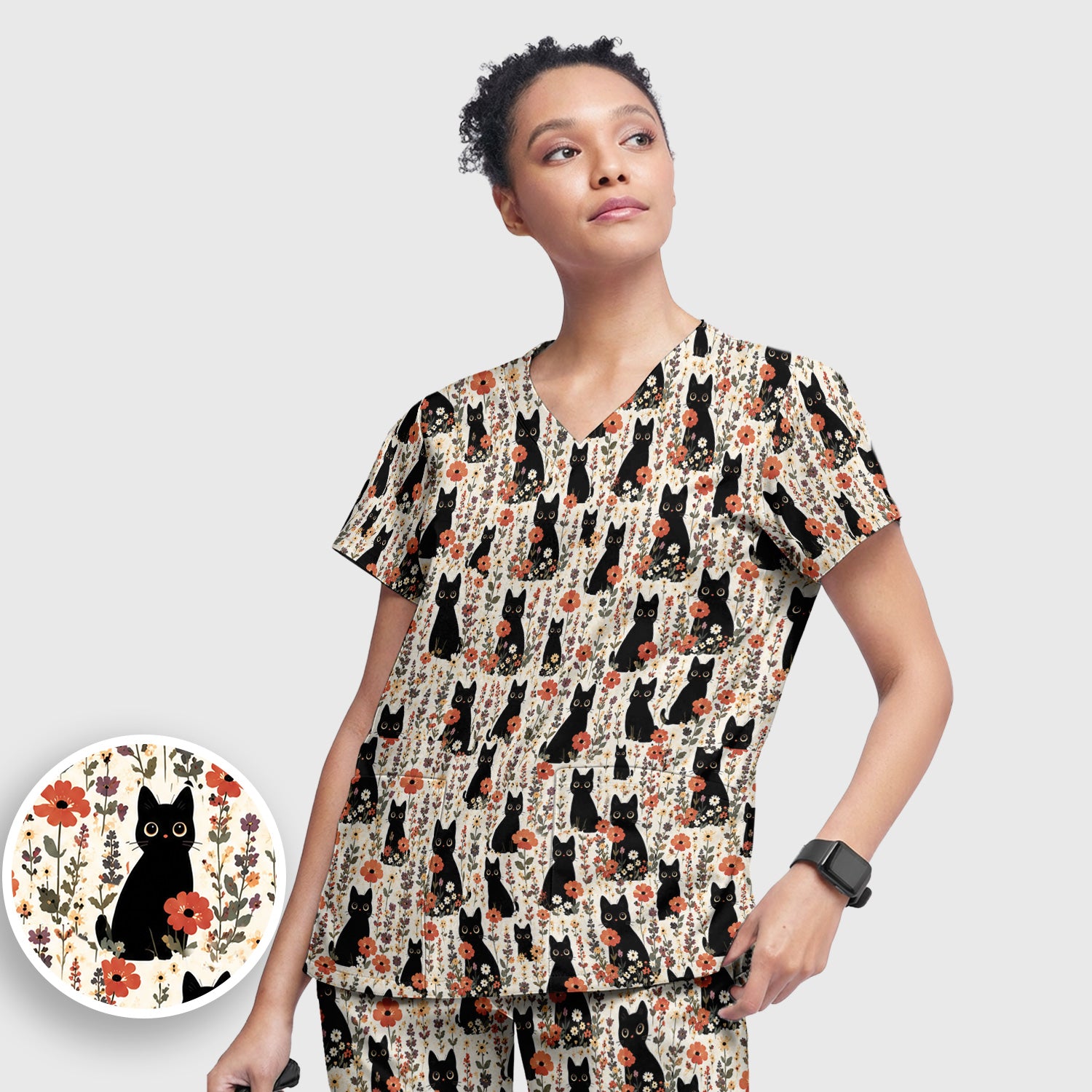 Cute Black Cat Wildflower Pattern Scrub Set, Scrub Pants and V Neck Top
