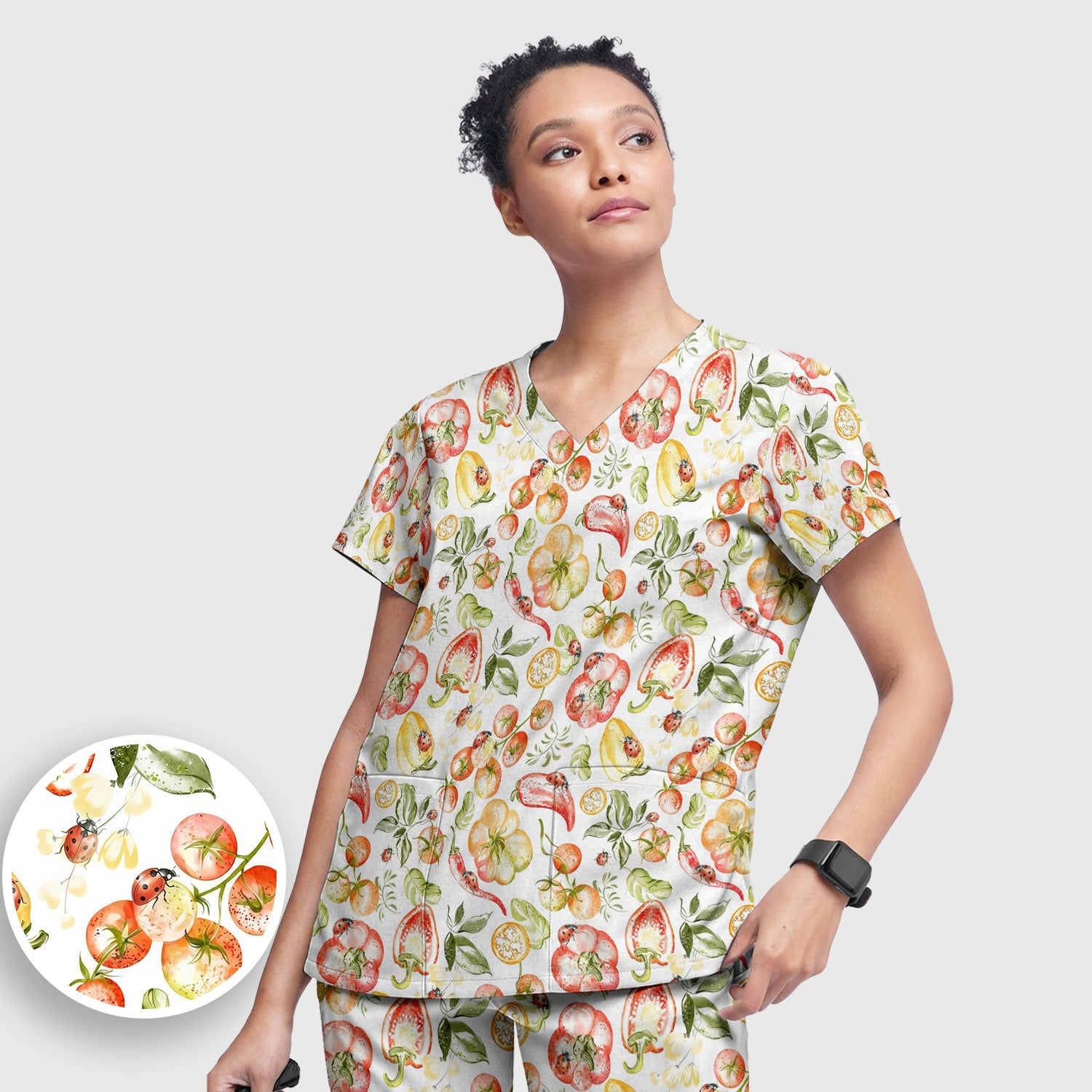Cute Watercolor Veggie Ladybug Pattern Scrub Set, Scrub Pants and V Neck Top
