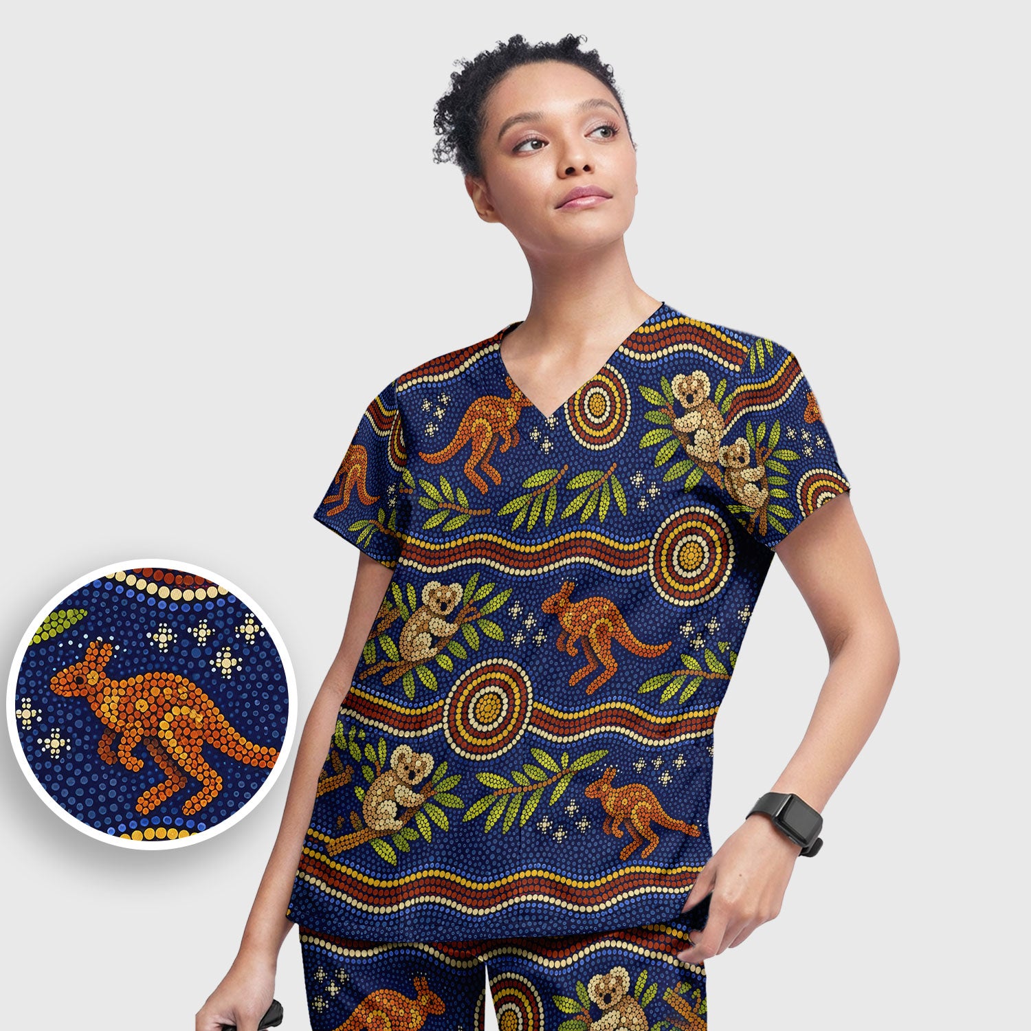Australian Aboriginal Dot Art Scrub Set, Kangaroo ANd Koala Pattern Nurse Shirt, Breathable Fabrics Nursing Uniform