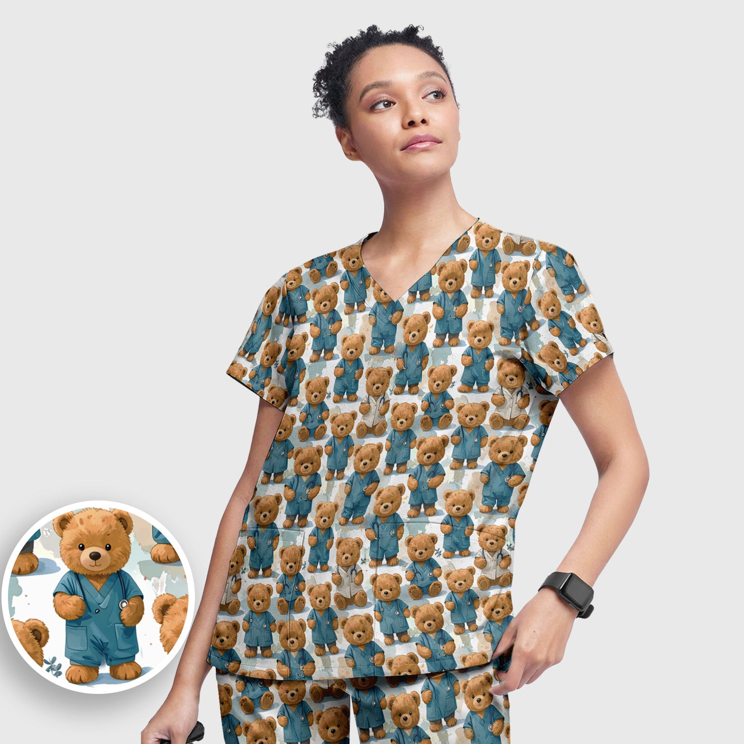 Teddy Bear Doctor Character Pattern Scrub Set, Scrub Pants and V Neck Top