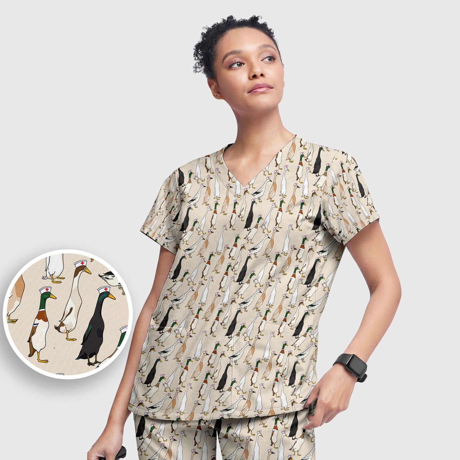 Funny Nurse Duck Pattern Scrub Set, Breathable Med Uniform