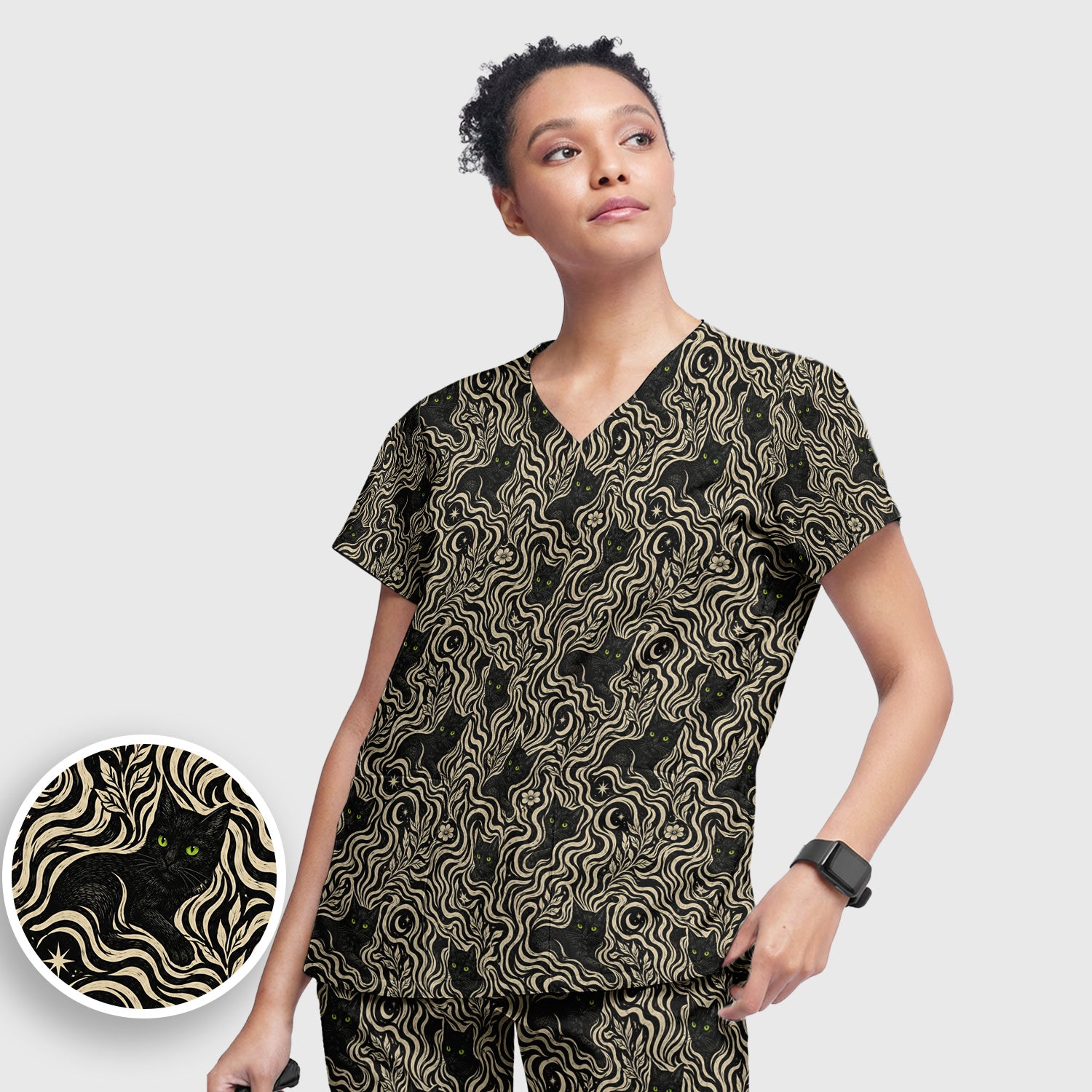 Mystical Black Cat Moonlit Pattern Scrub Set, Scrub Pants and V Neck Top