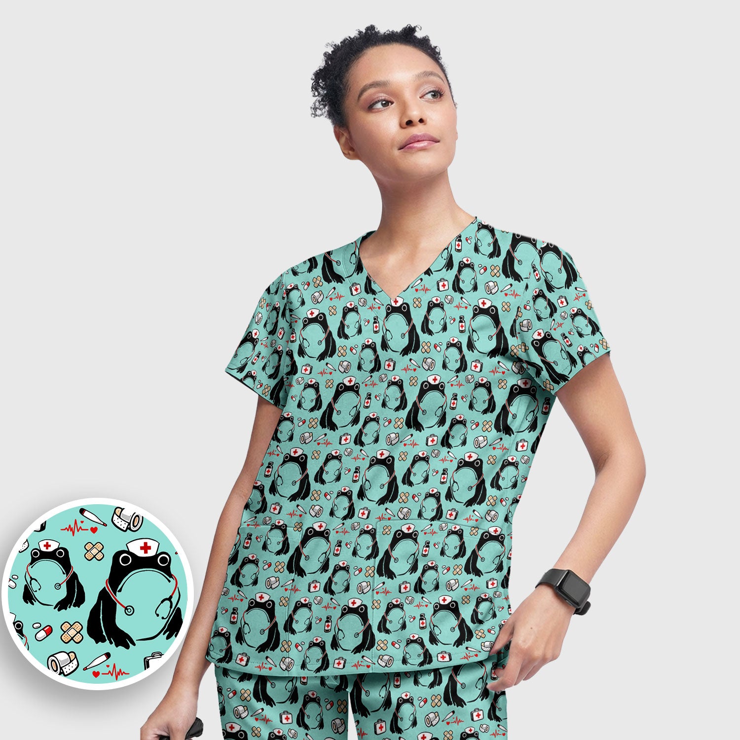 Cute Frog Nurse Medical Pattern Scrub Set, Breathable Med Uniform