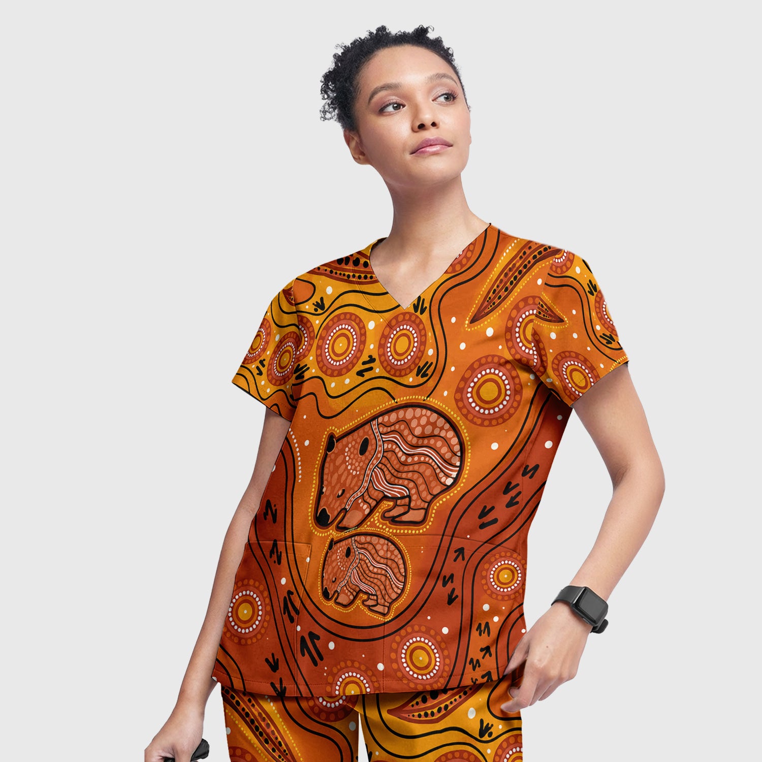 Australian Aboriginal Wombat Family Art Pattern Scrub Set, Scrub Pants and V Neck Top