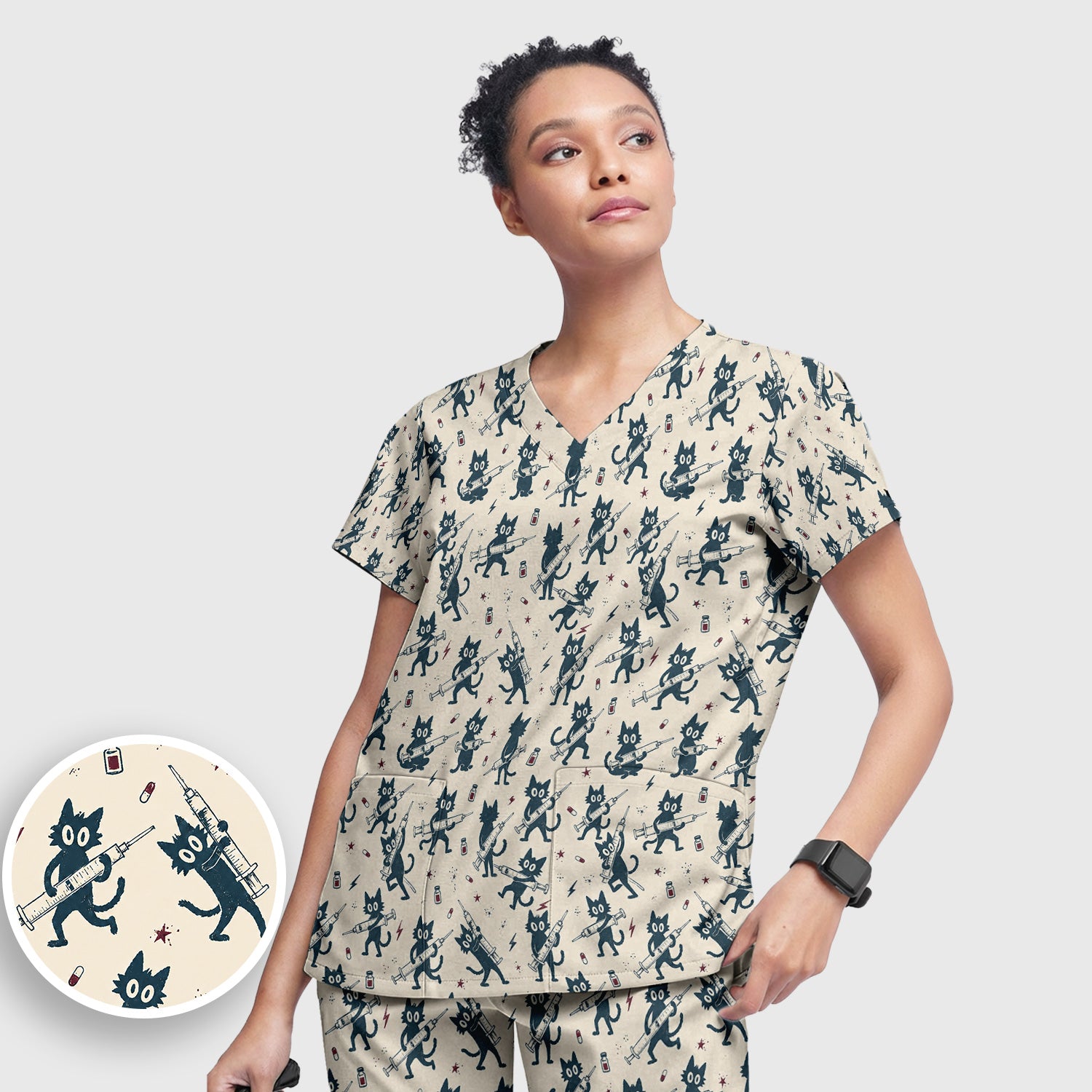 Funny Black Cats With Syringes Scrub Set, Scrub Pants and V Neck Top