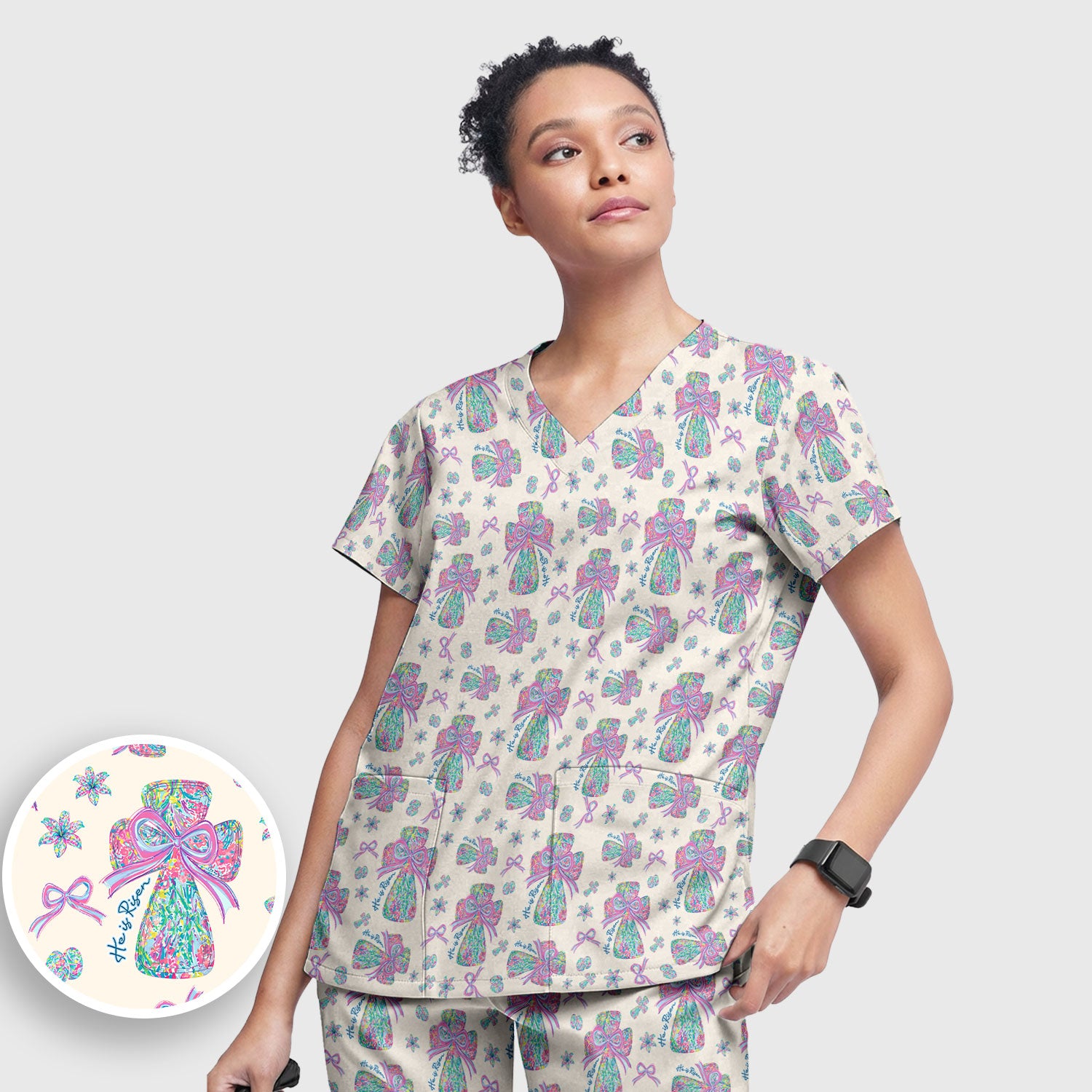 Colorful Bow Pattern Women's Scrub Sets, Breathable Med Uniform