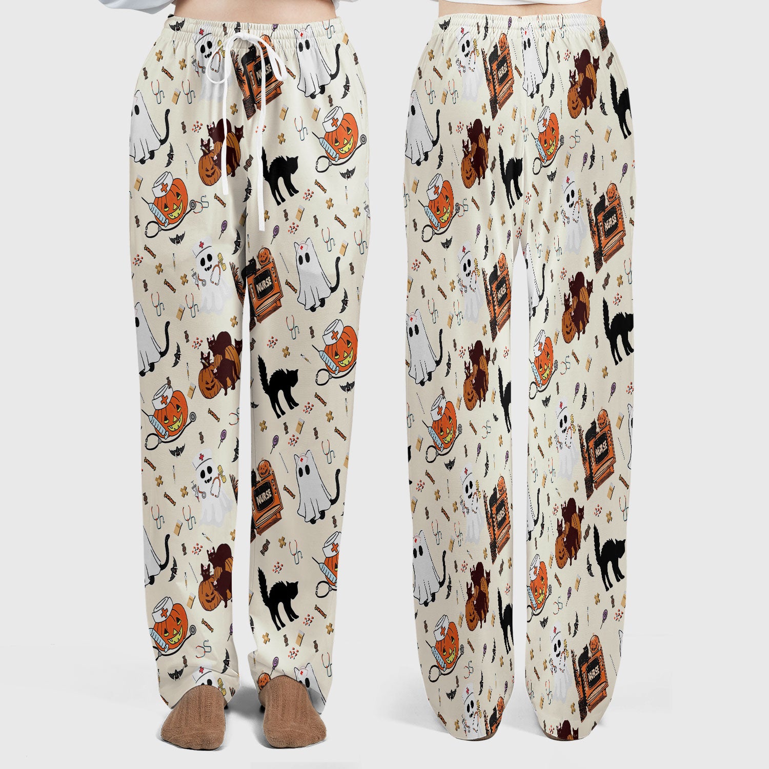 Halloween Scrub Set for Nurse - Cute Pumpkin Ghost Cat Medical Pants and V Neck Top - Spooky Uniform for Women RN CNA LPN
