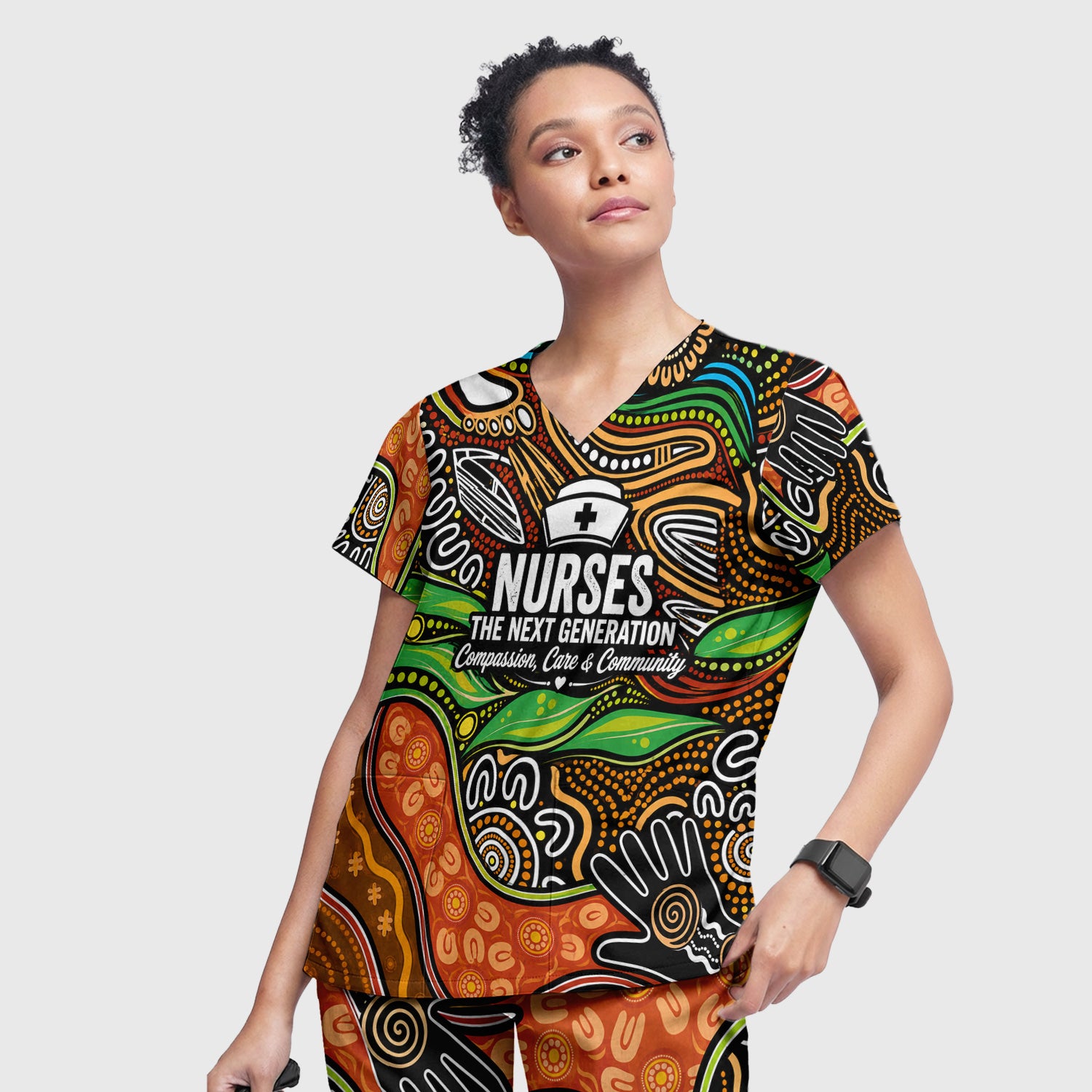 Dot Art Nurse Quote Pattern Scrub Set, Scrub Pants and V Neck Top