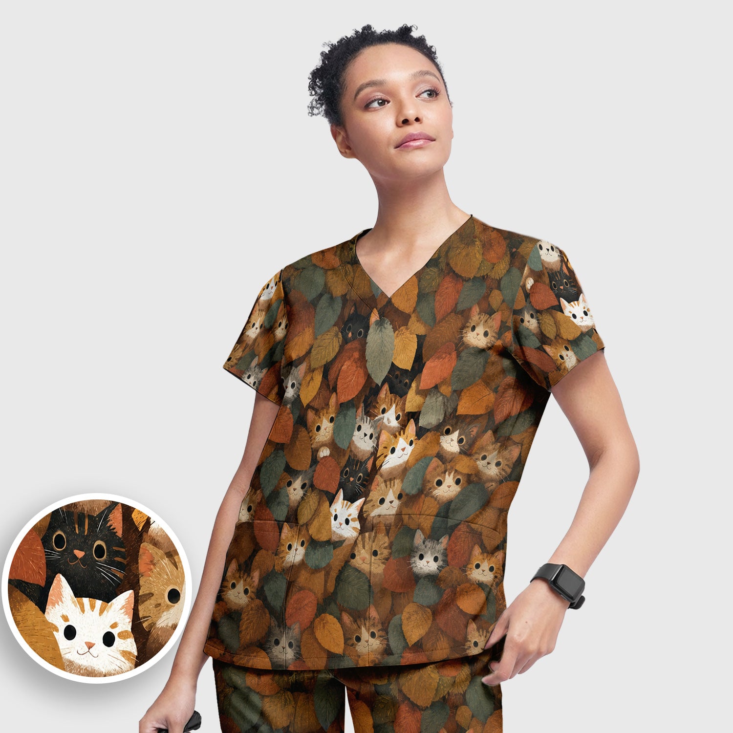 Cute Autumn Cat Leaf Pile Pattern Scrub Set, Scrub Pants and V Neck Top