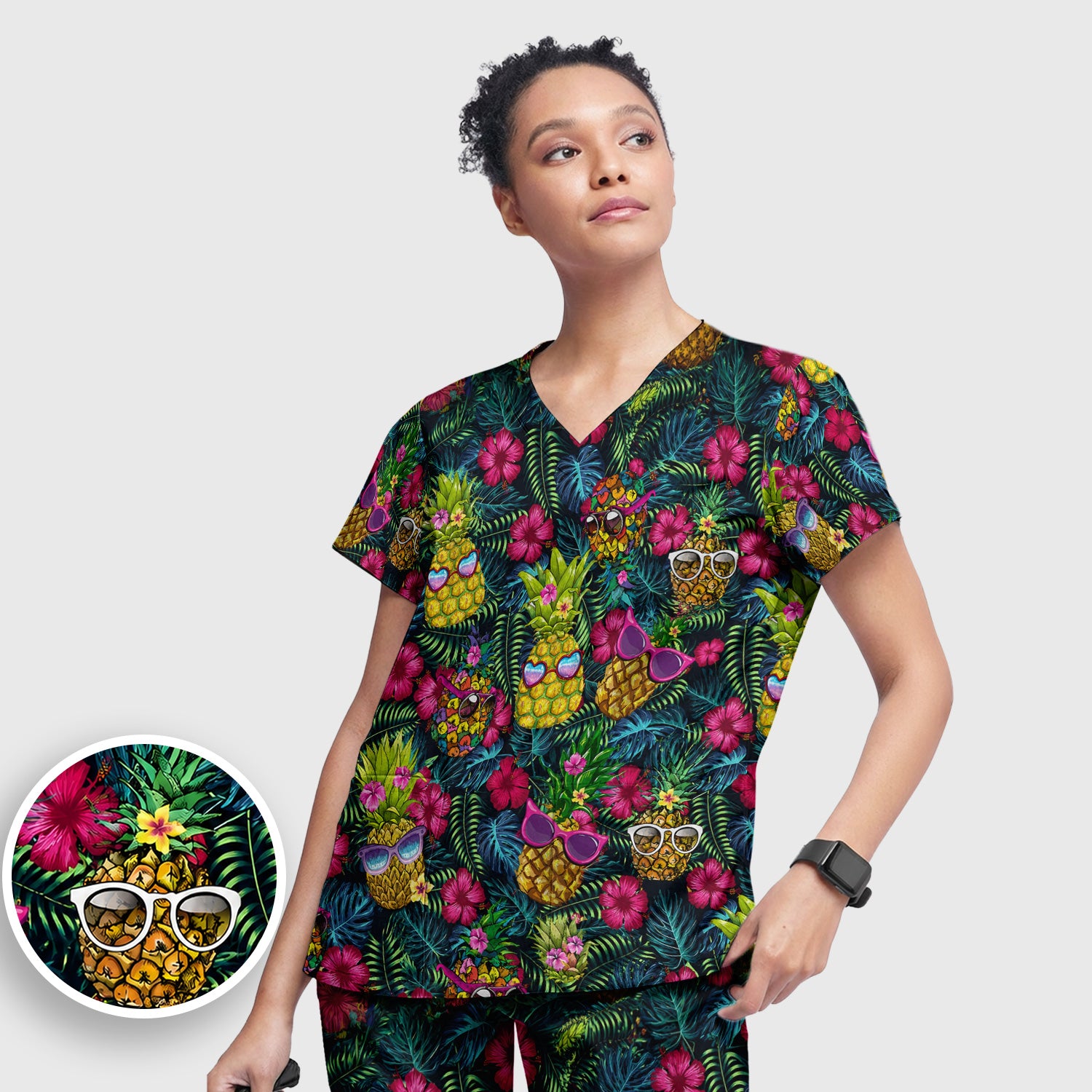 Cute Tropical Pineapple Sunglasses Pattern Scrub Set, Scrub Pants and V Neck Top