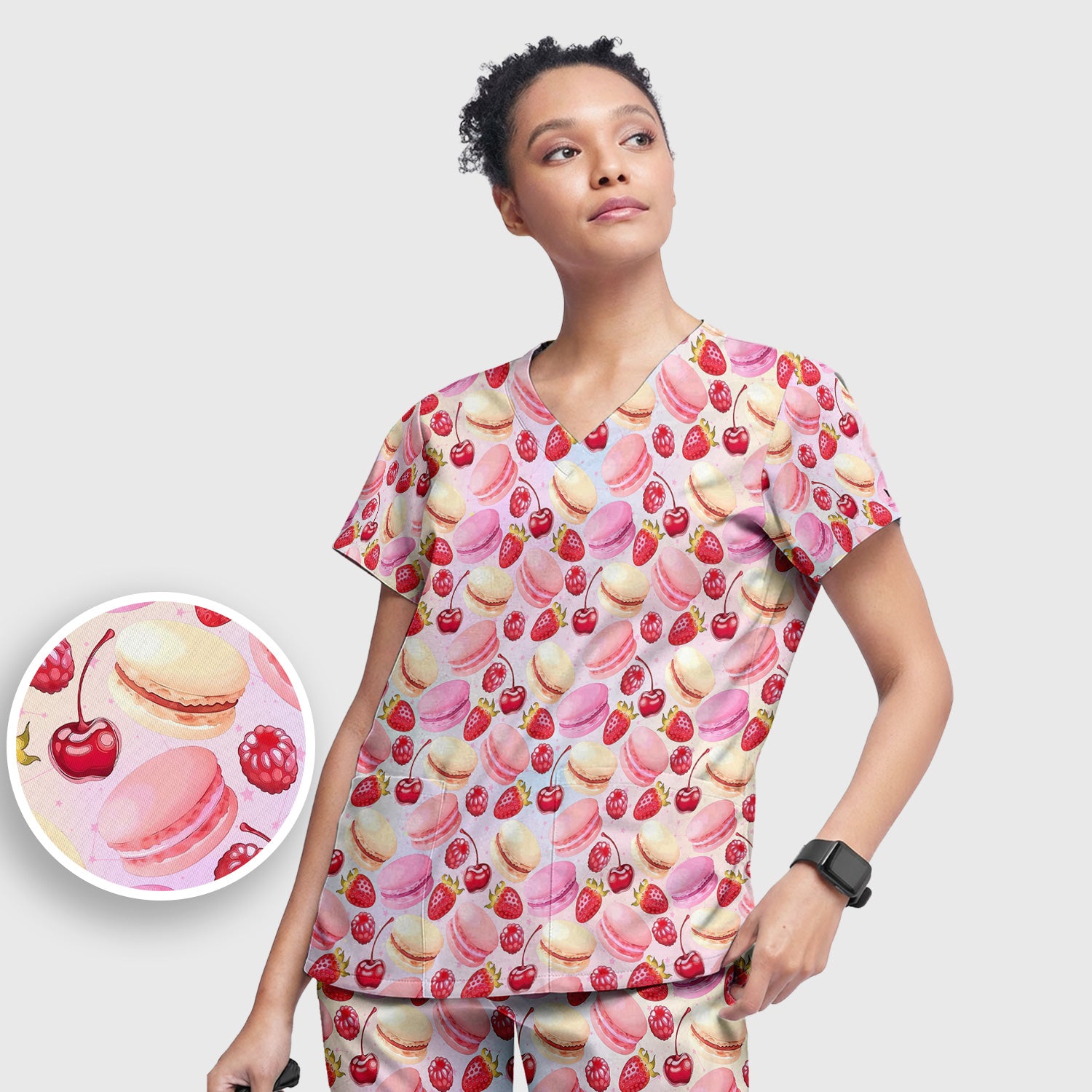Sweet Dessert Pattern Scrub Set, Scrub Pants and V Neck Top
