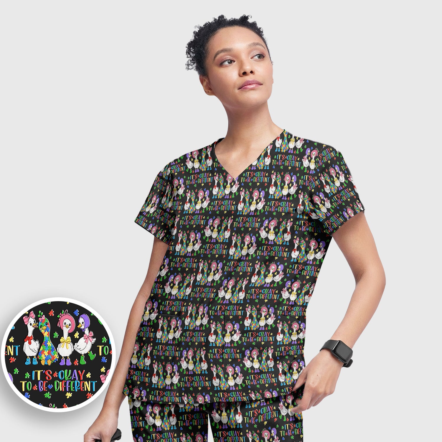 It’s Okay To Be Different Duck Pattern Scrub Set, Nurse Uniform Scrubs Set