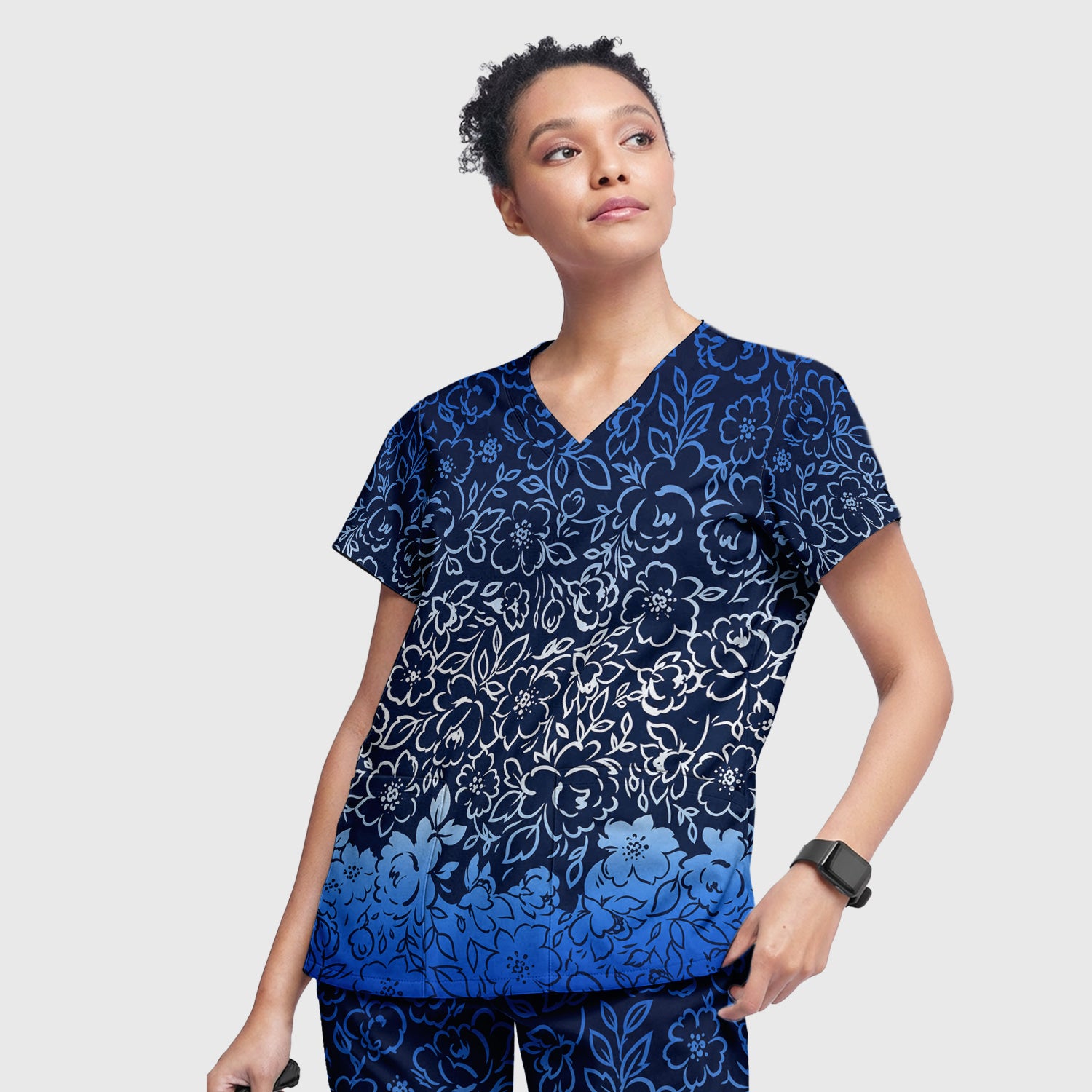 Navy Botanical Flower Print Scrub Set, Scrub Pants and V Neck Top