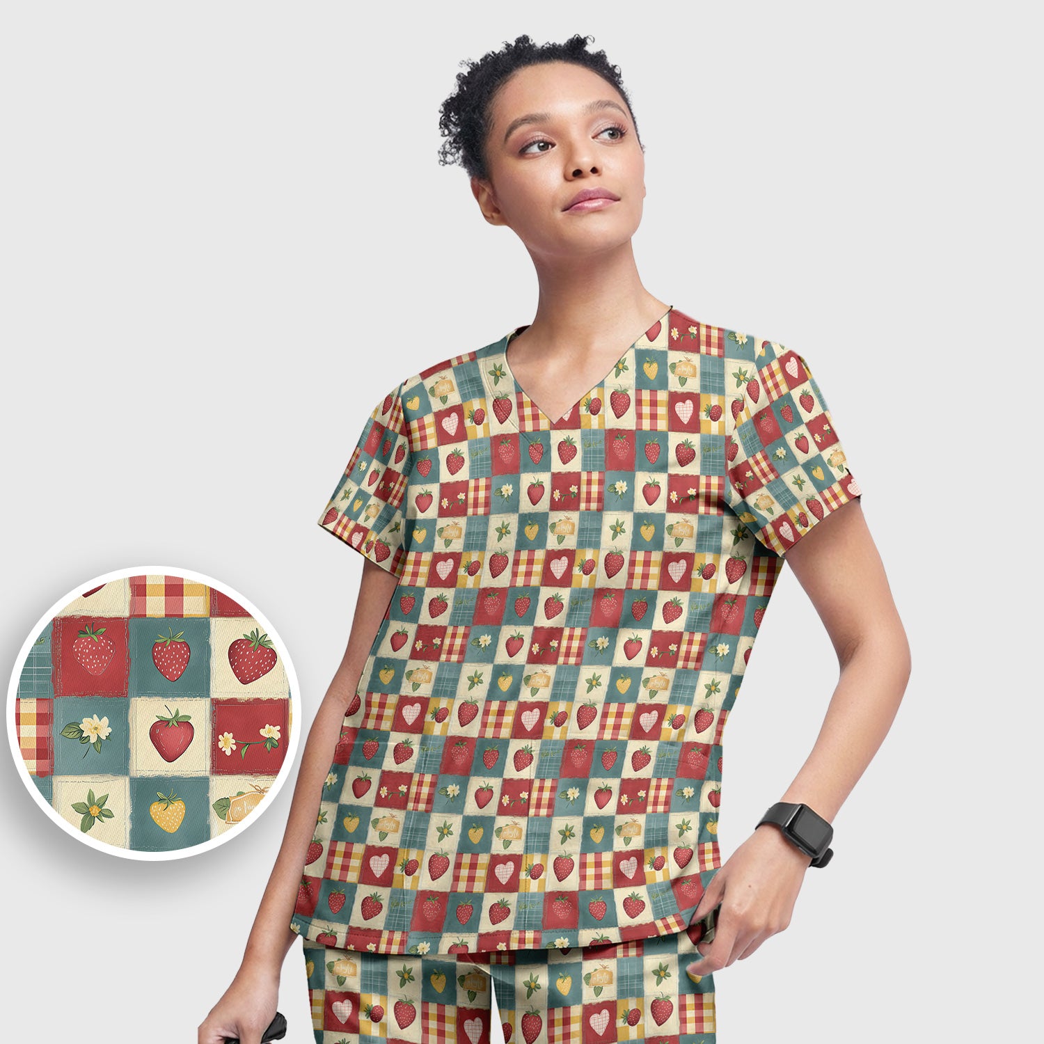 Cute Strawberry Floral Patchwork Pattern Scrubs Sets, Scrub Pants and V Neck Top