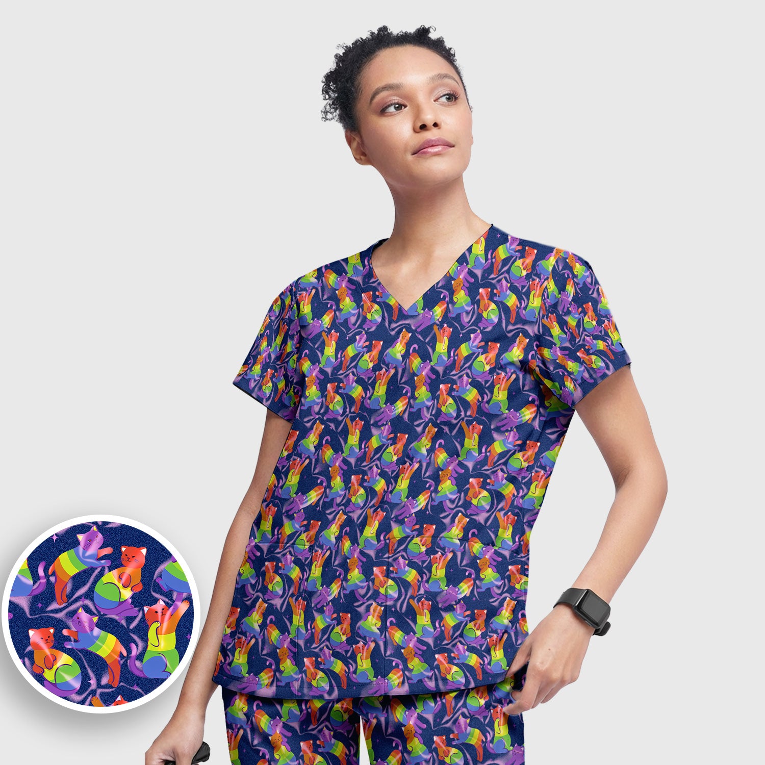 Rainbow Pride Cat Pattern Scrub Set, Scrub Pants and V Neck Top