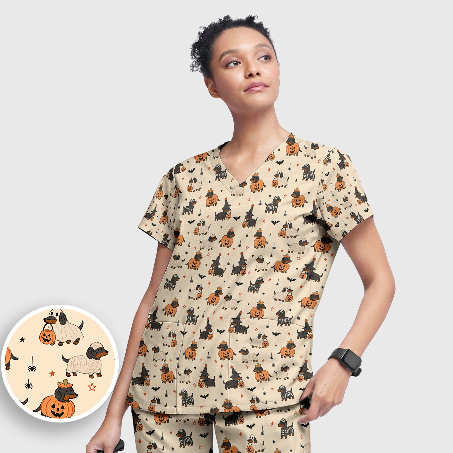Halloween Dachshund Pattern Scrub Set, Scrub Pants and V Neck Top