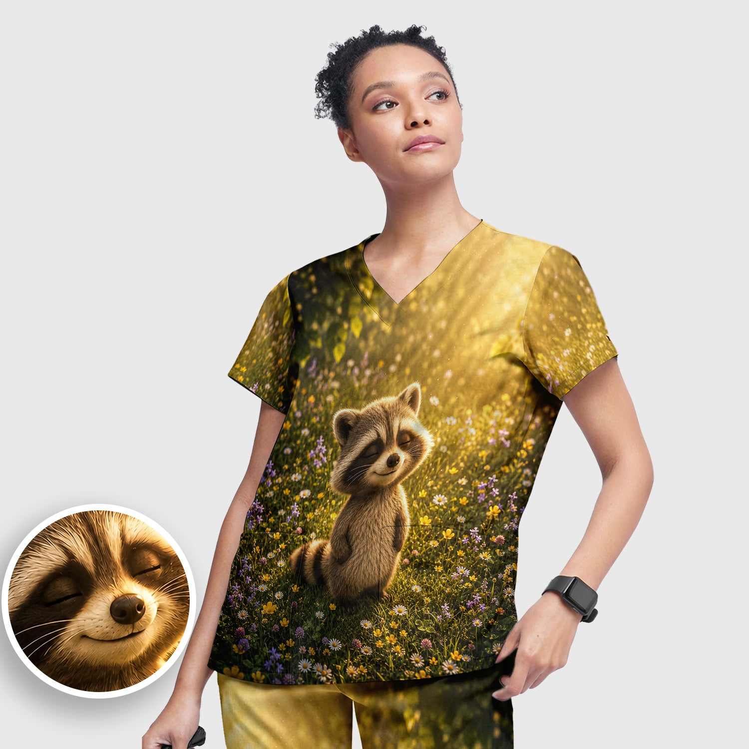 Smiling Raccoon Meadow Flower Pattern Scrub Set, Scrub Pants and V Neck Top