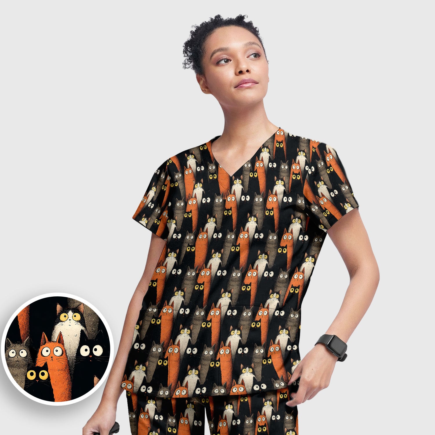 Black Cat Pattern Nurse Scrub Set, Cat Lover Nurse Shirt, Breathable Fabrics Nursing Uniform
