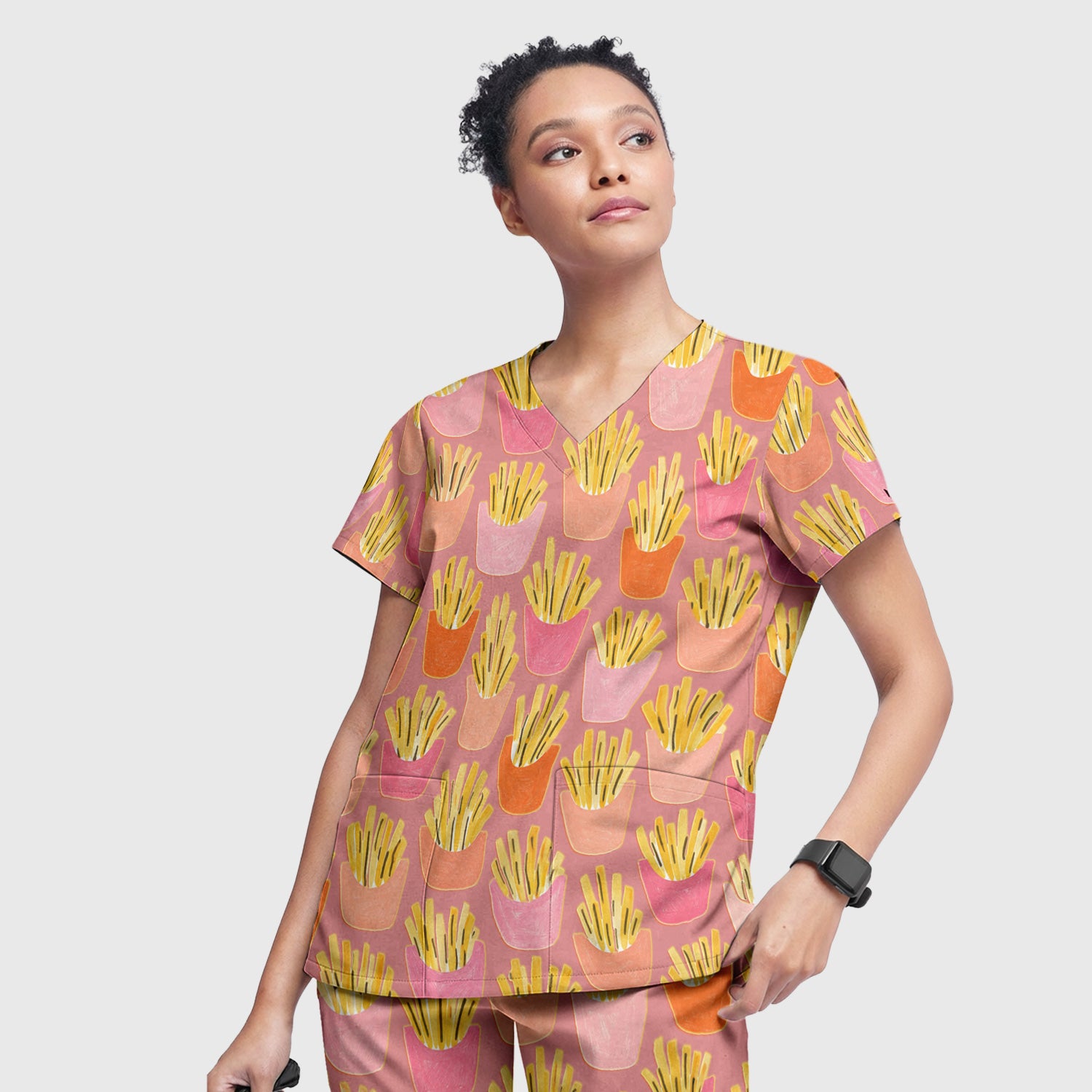 Funny French Fries Snack Food Pattern Scrub Set, Breathable Med Uniform