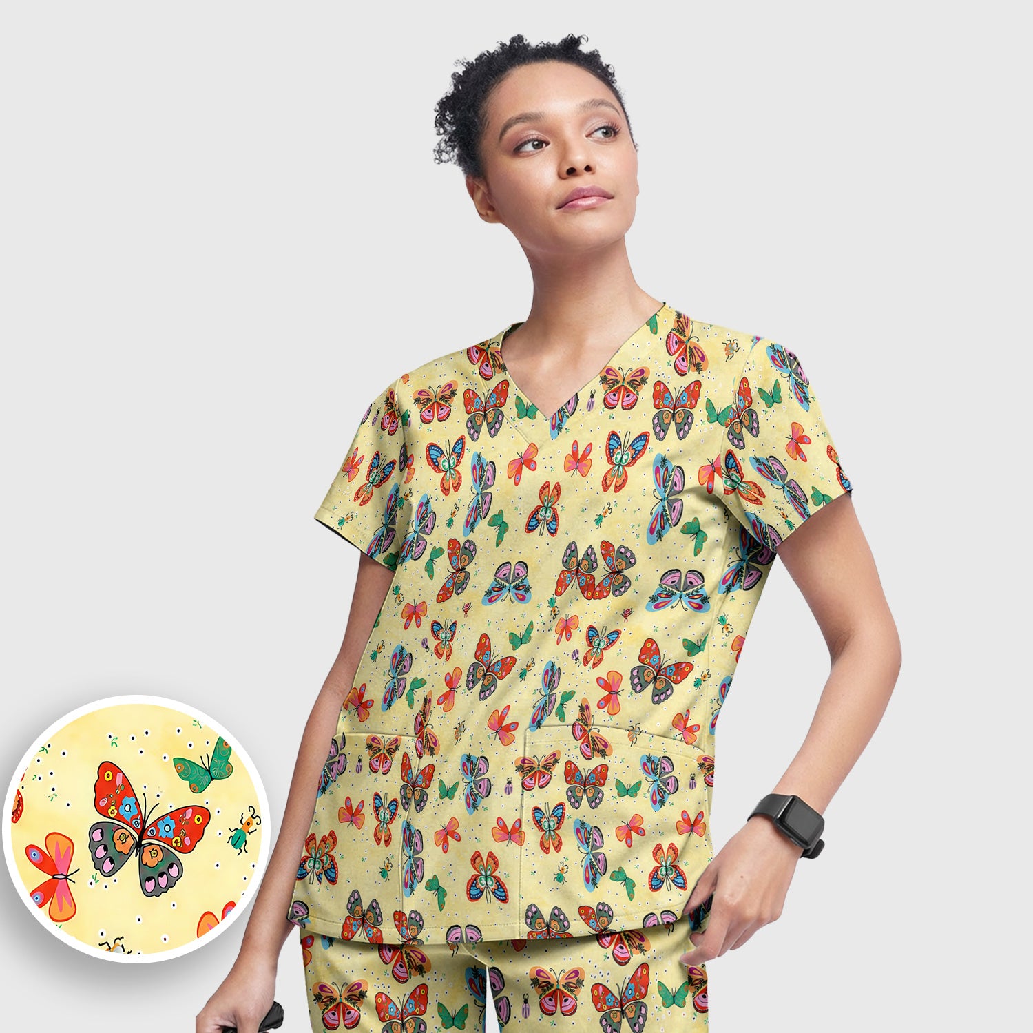 Colorful Butterfly Garden Pattern Scrub Set, Scrub Pants and V Neck Top