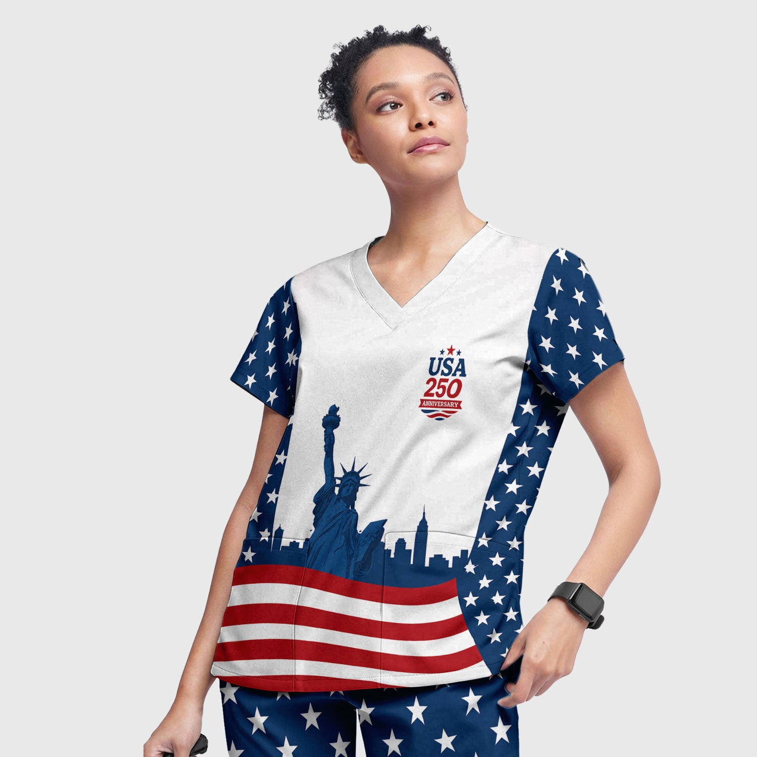 USA 250 Anniversary Patriotic Nurse Scrub Top for RN, CNA, Healthcare Workers Scrub Set, Scrub Pants and V Neck Top