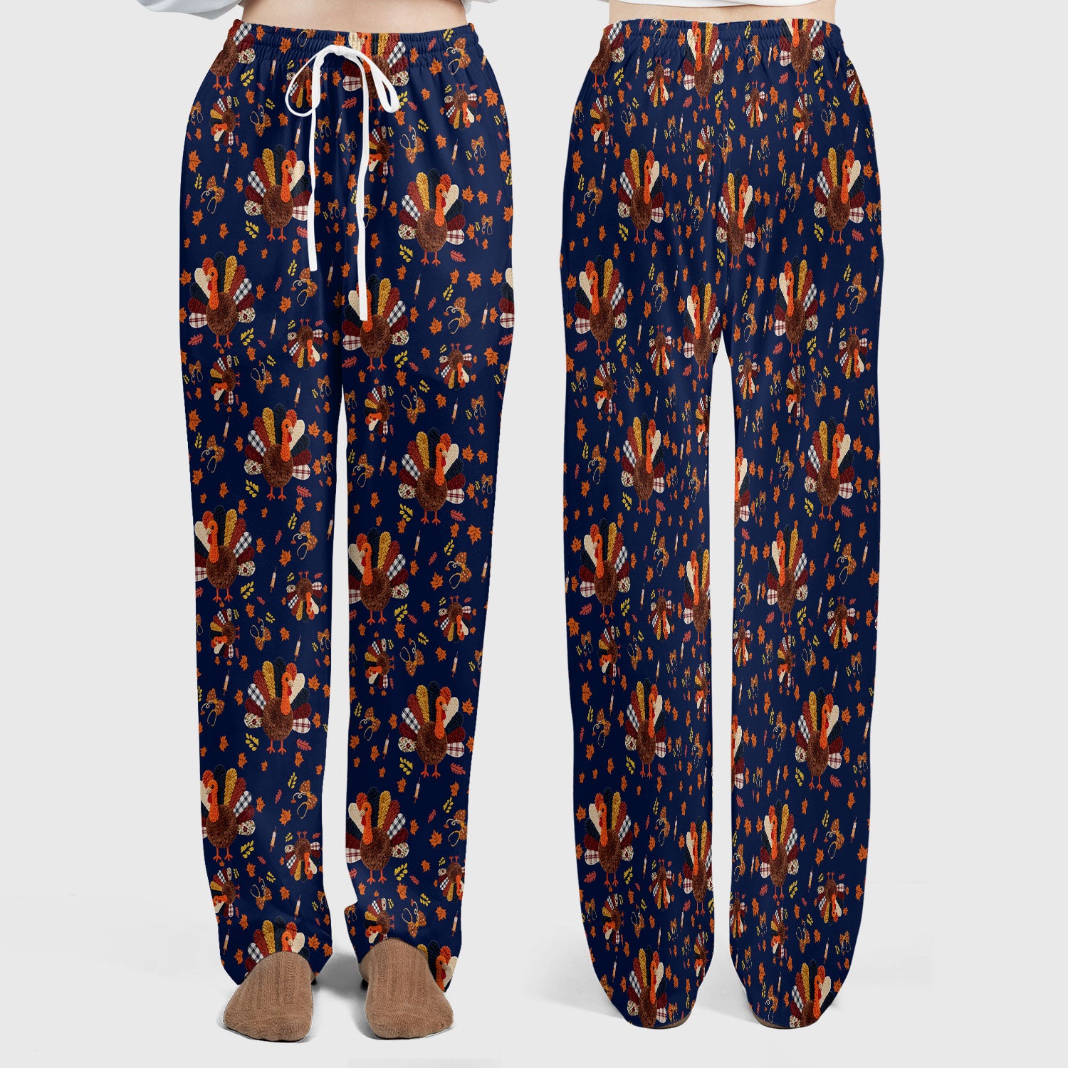 Funny Thanksgiving Nurse Scrub Sets - Fall Leaves and Pumpkin Scrub Pants and V Neck Top - Autumn Turkey Med Uniform