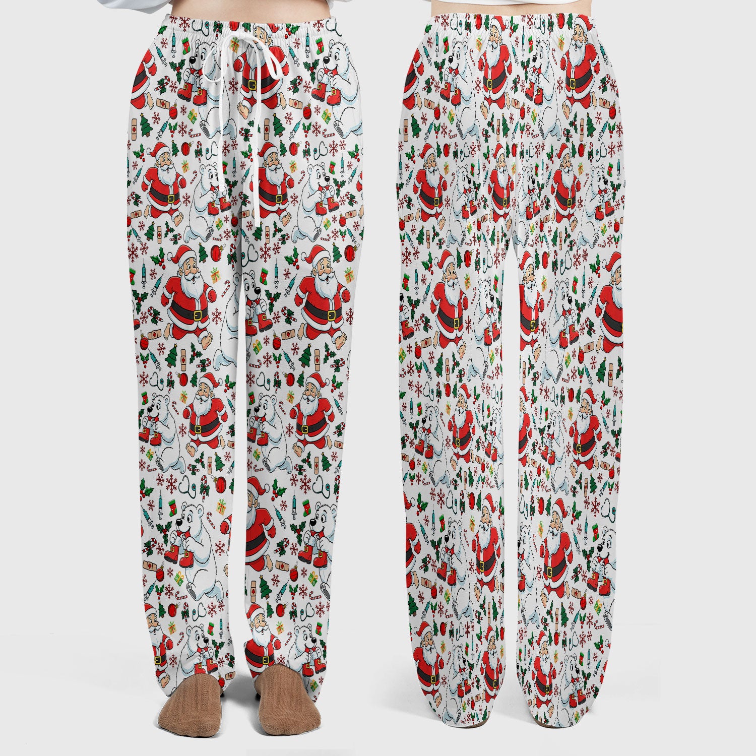 Christmas Santa & Polar Bear Scrub Set - Funny Holiday Nursing Pants and V Neck Top - Cute Winter Medical Uniform