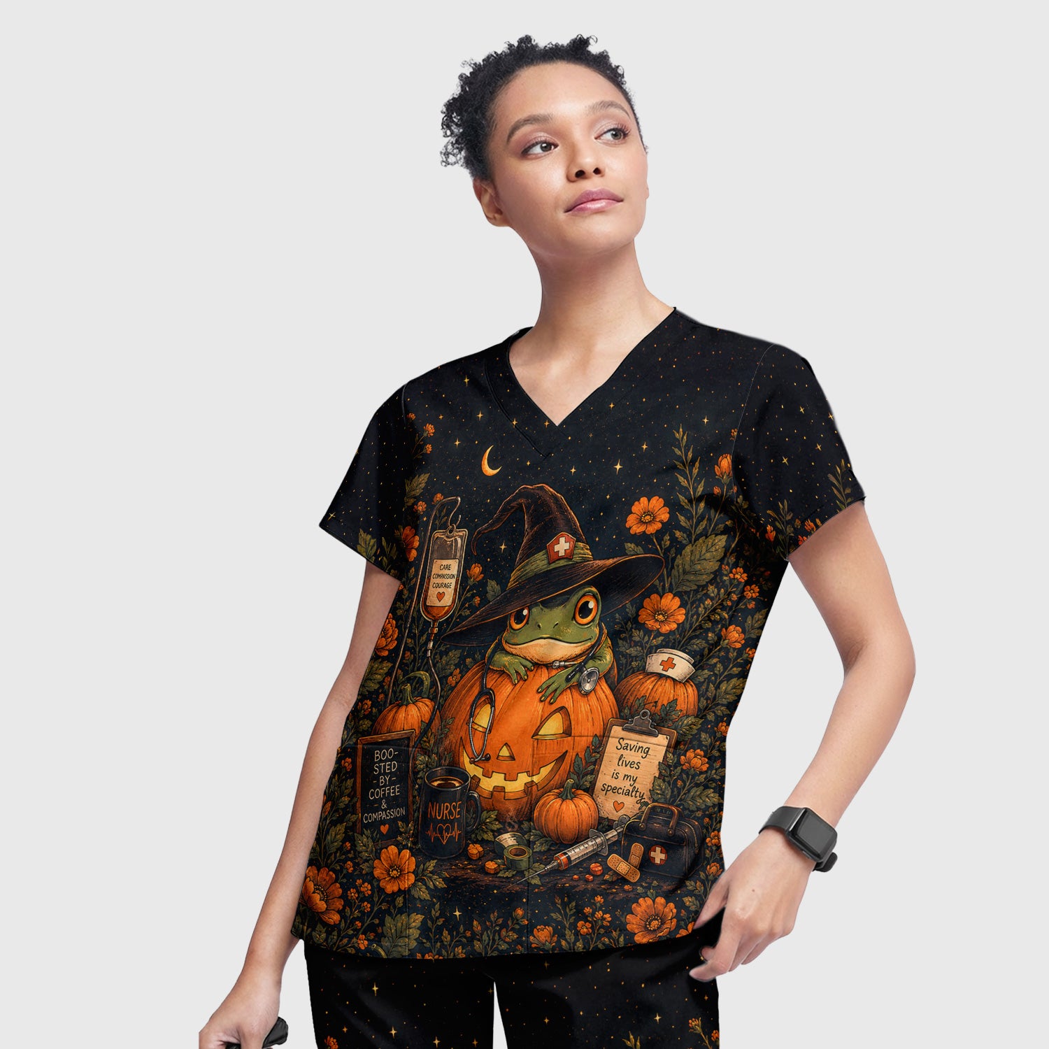 Halloween Witch Frog Pumpkin Scrub Set, Scrub Pants and V Neck Top