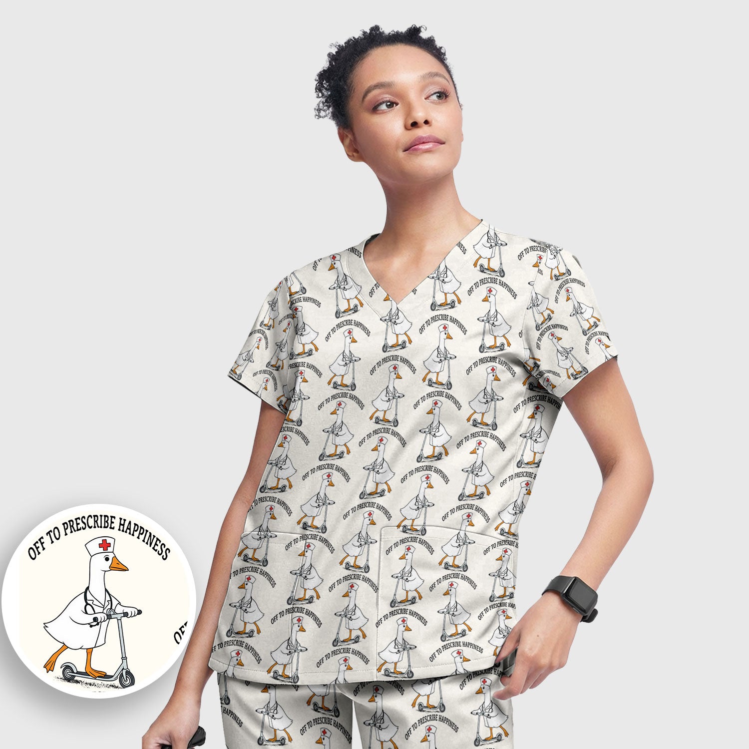 Nurse Goose Scooter Print Scrub Set, Breathable Med Uniform