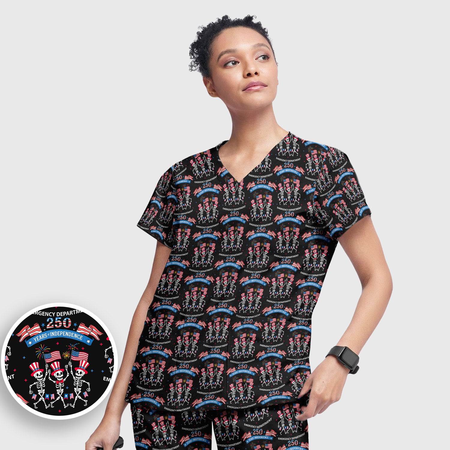 Patriotic Skeleton 250 Years ER Print Scrub Sets, Breathable Med Uniform