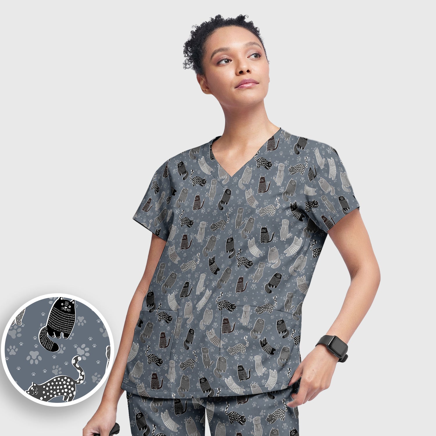 Cute Cat and Paw Print Pattern Scrub Set, Breathable Med Uniform