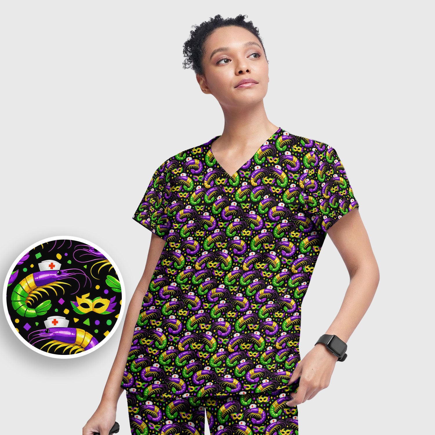 Mardi Gras Pattern Scrub Set, Crawfish Carnival Medical Nurse Scrub Shirt, Breathable Fabrics Nursing Uniform