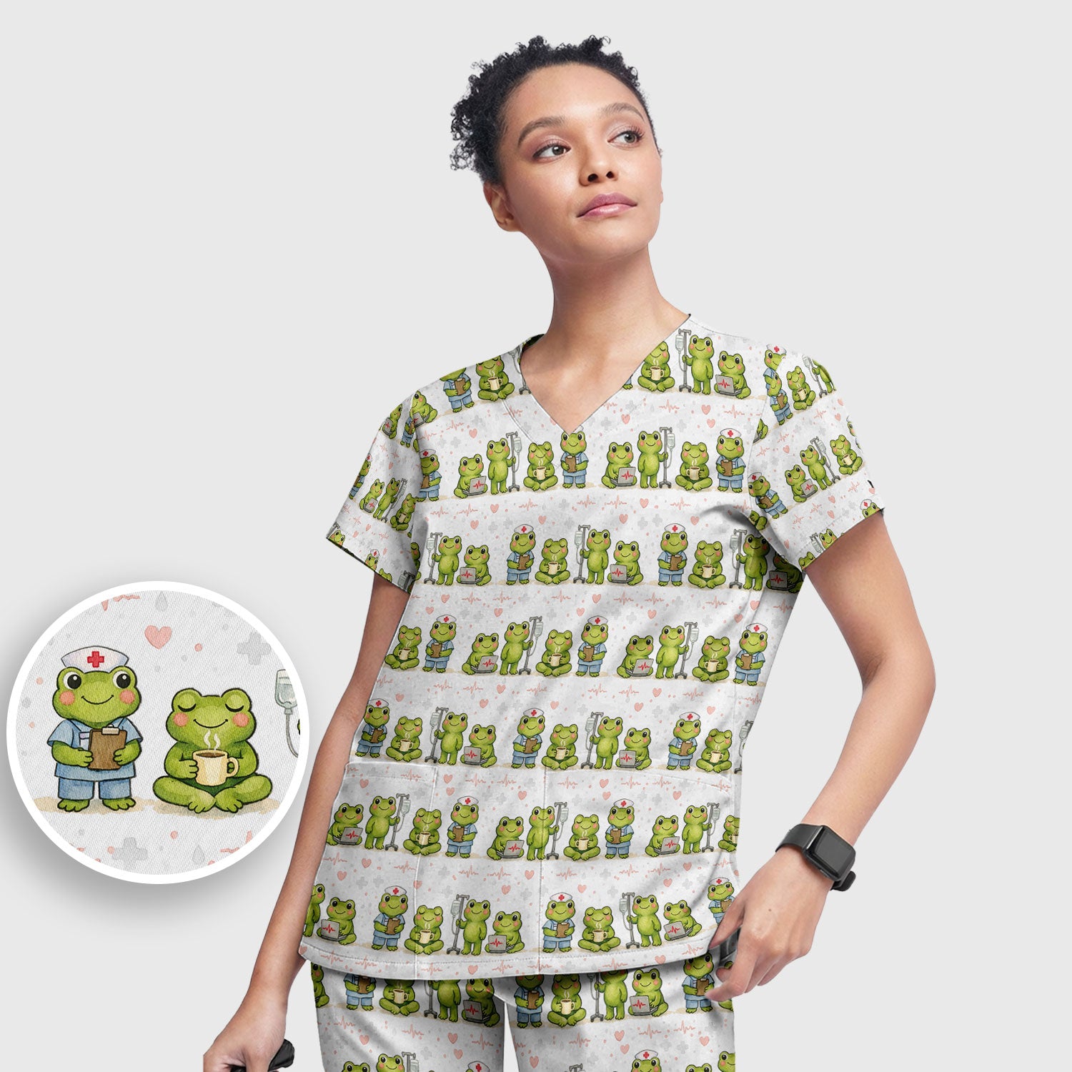 Adorable Frog Nurse Various Poses Print Scrub Set, Breathable Med Uniform