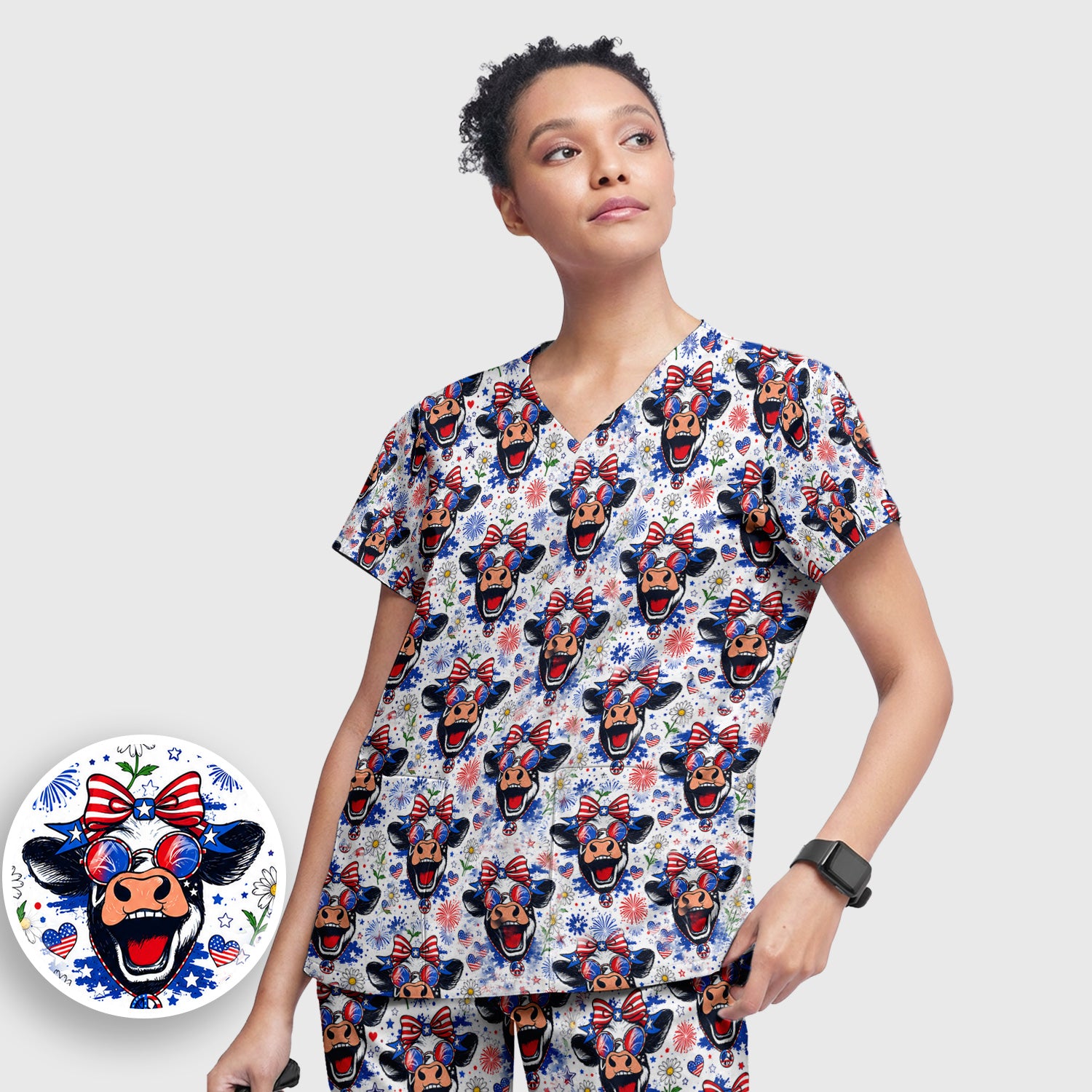 Funny Patriotic Cow Nurse Print Scrub Set, Scrub Pants and V Neck Top