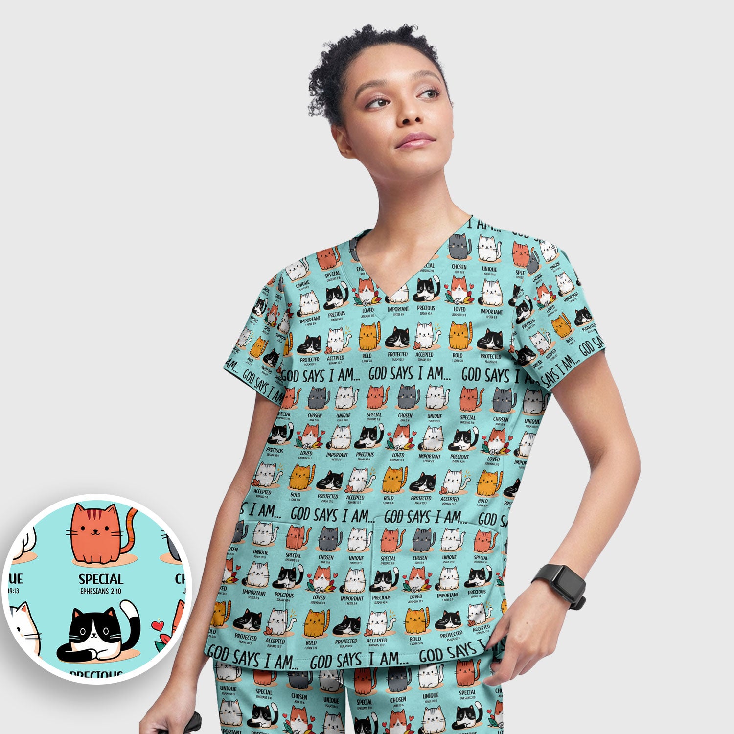 Cute Christian Cat God Says I Am Women's Scrub Set, Breathable Med Uniform