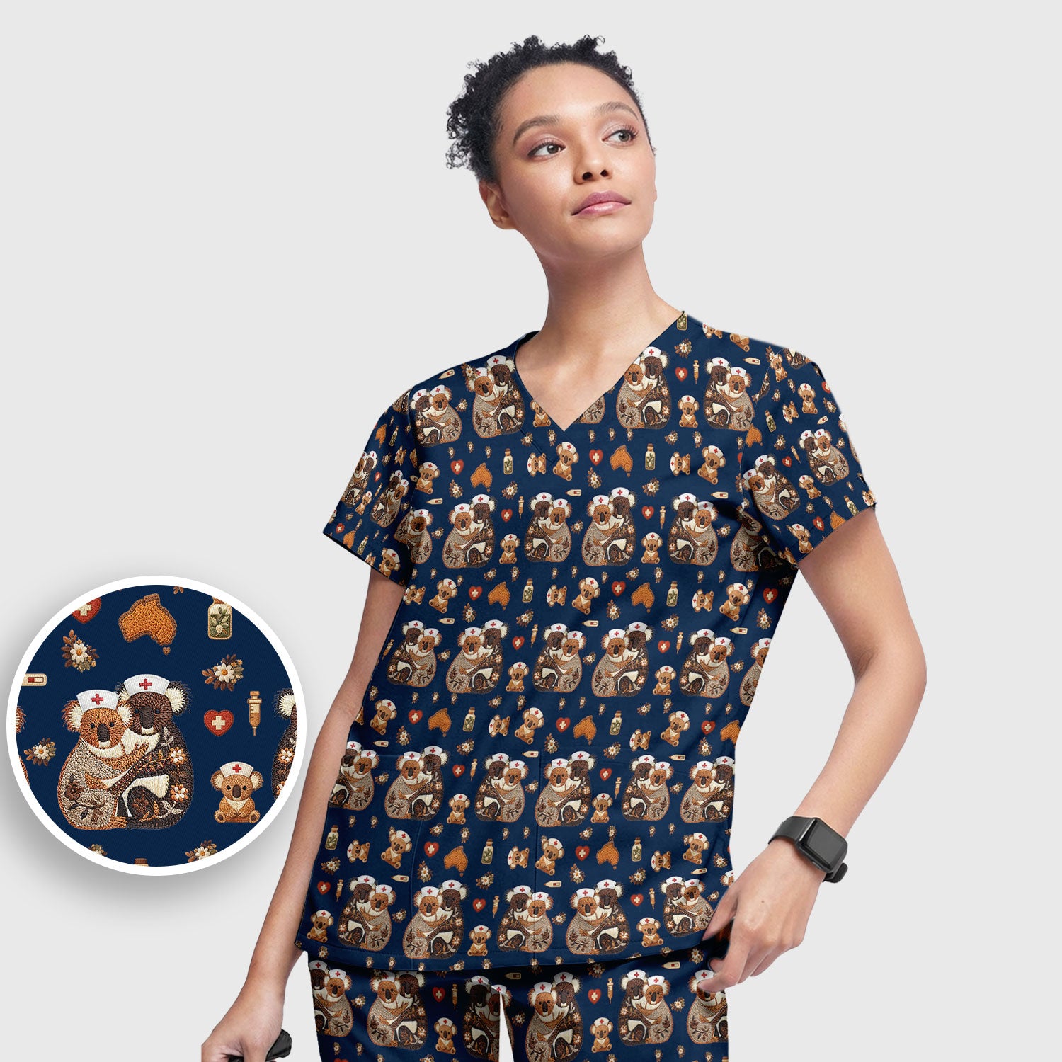 Cute Cartoon Koala Valentine Nurse Design Scrub Set, Breathable Med Uniform