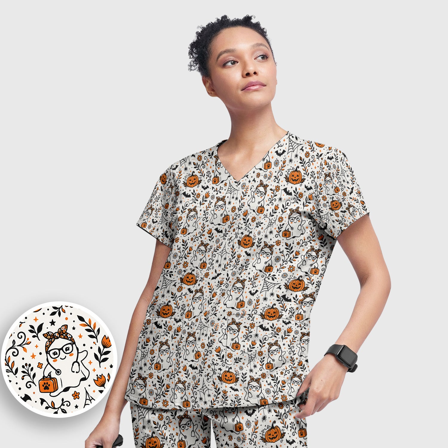 Cute Halloween Nurse Ghost And Pumpkins Scrub Set, Scrub Pants and V Neck Top