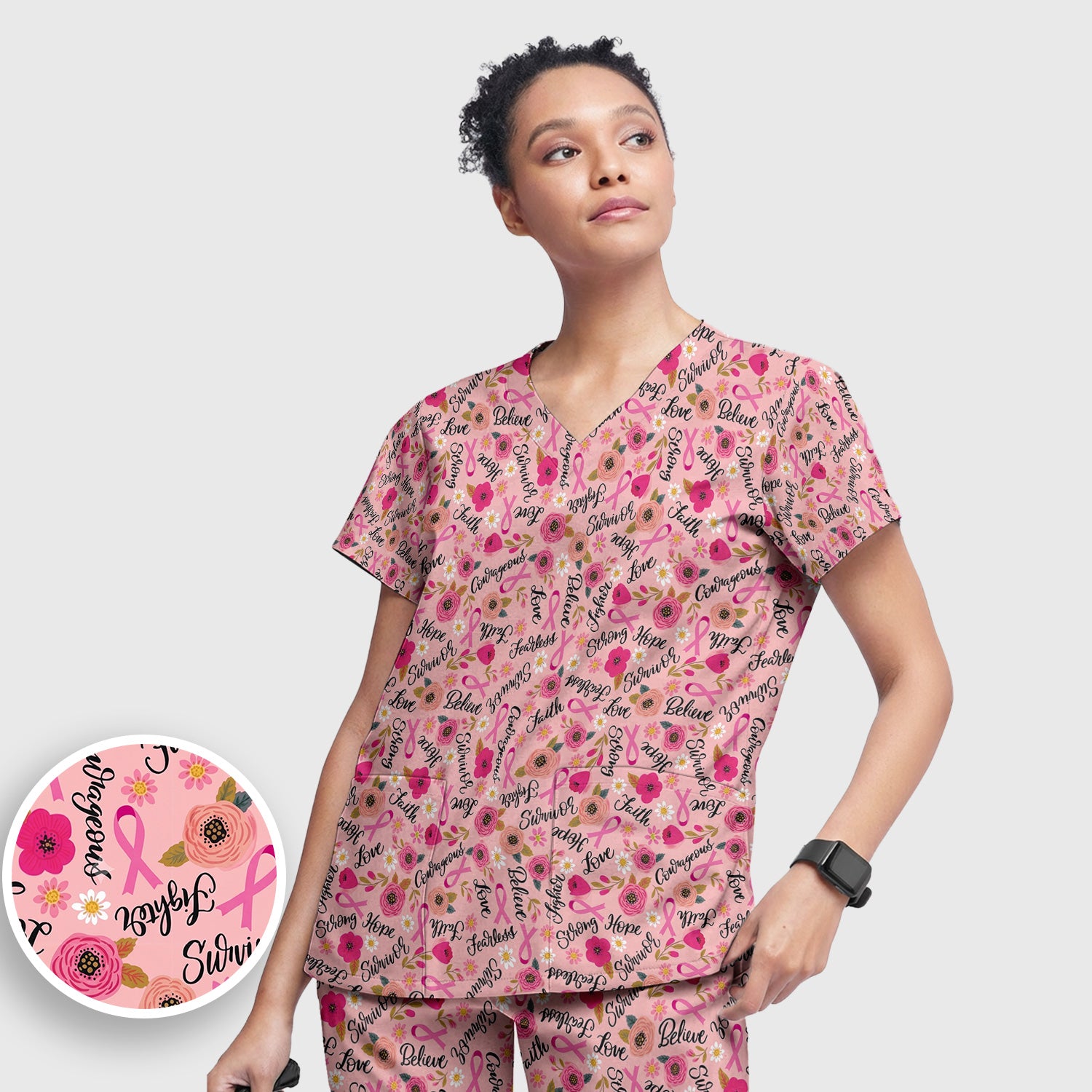 Breast Cancer Awareness Oncology with Pink Ribbon Floral Pattern Scrub Set, Scrub Pants and V Neck Top