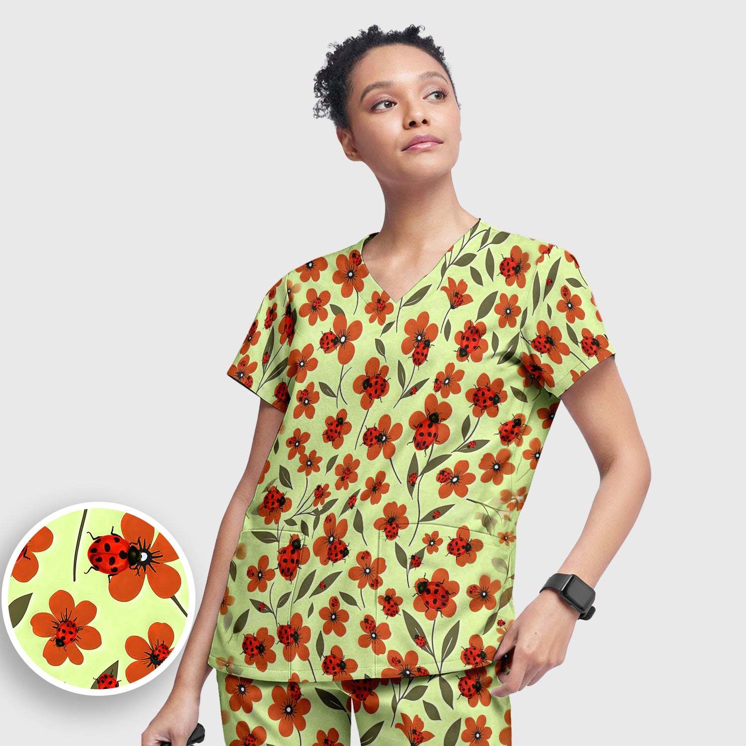 Ladybug on Orange Floral Garden Pattern Scrub Set, Breathable Med Uniform